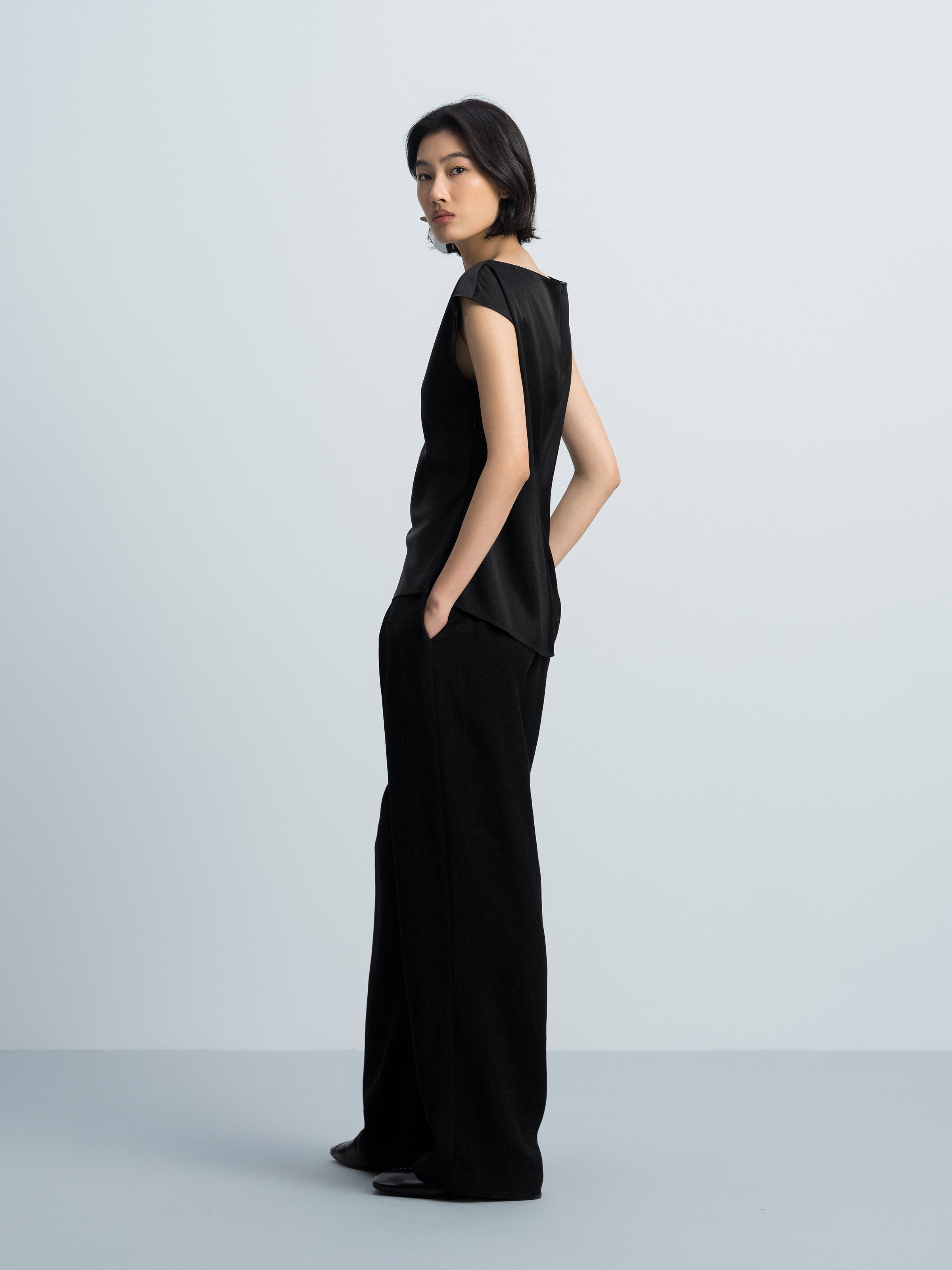 Black Acetate Satin Fitted Waist Cap Sleeve Top