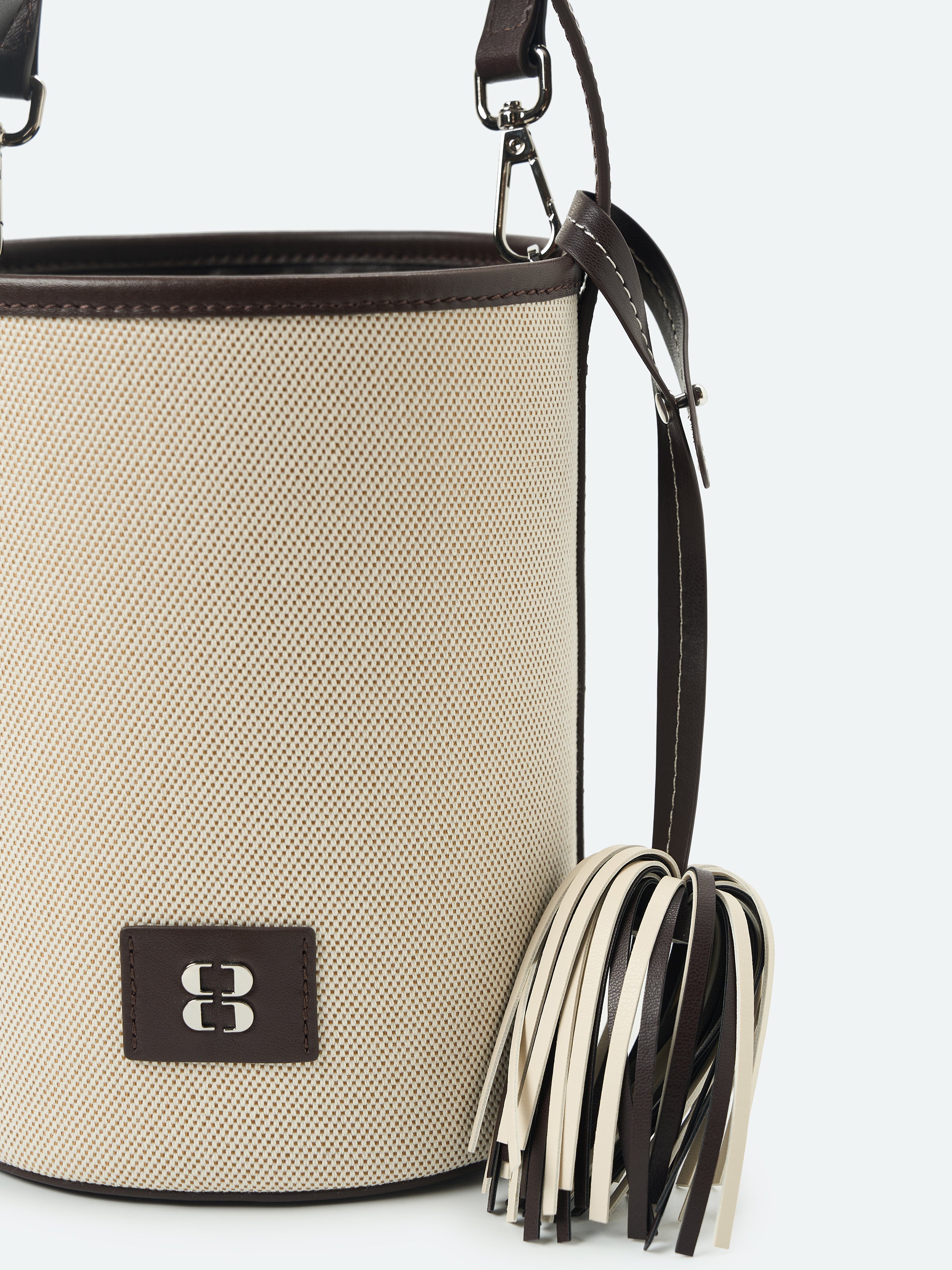 Beige Woven Canvas Leather Splice Cylindrical Crossbody Bag