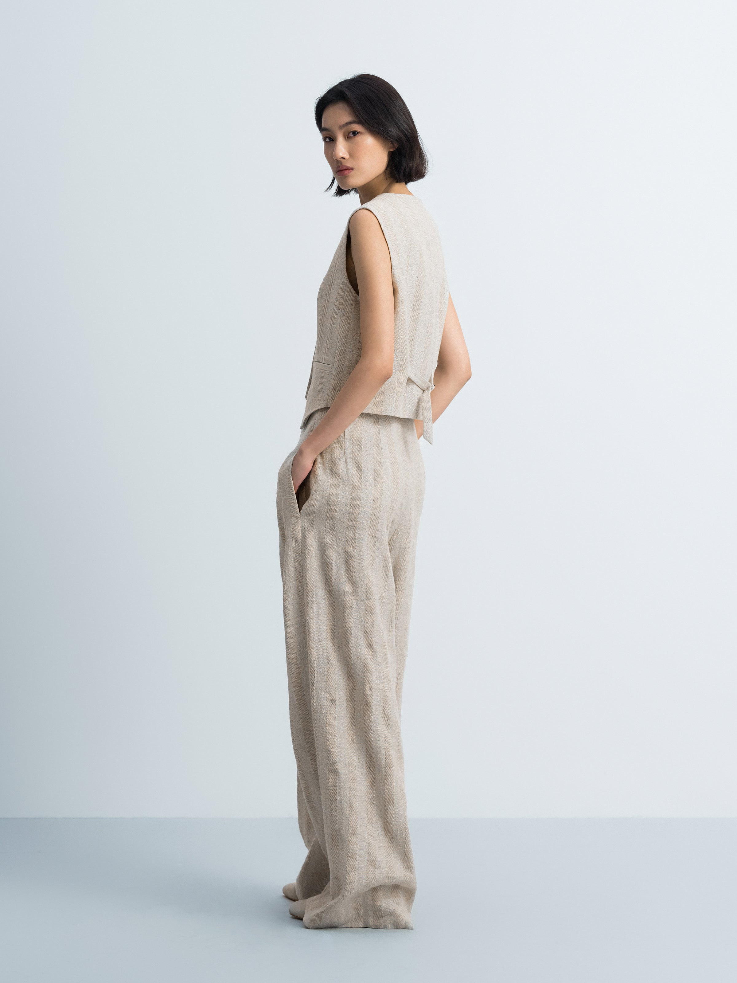 Beige Linen Cotton Striped Relaxed Wide-Leg Trousers