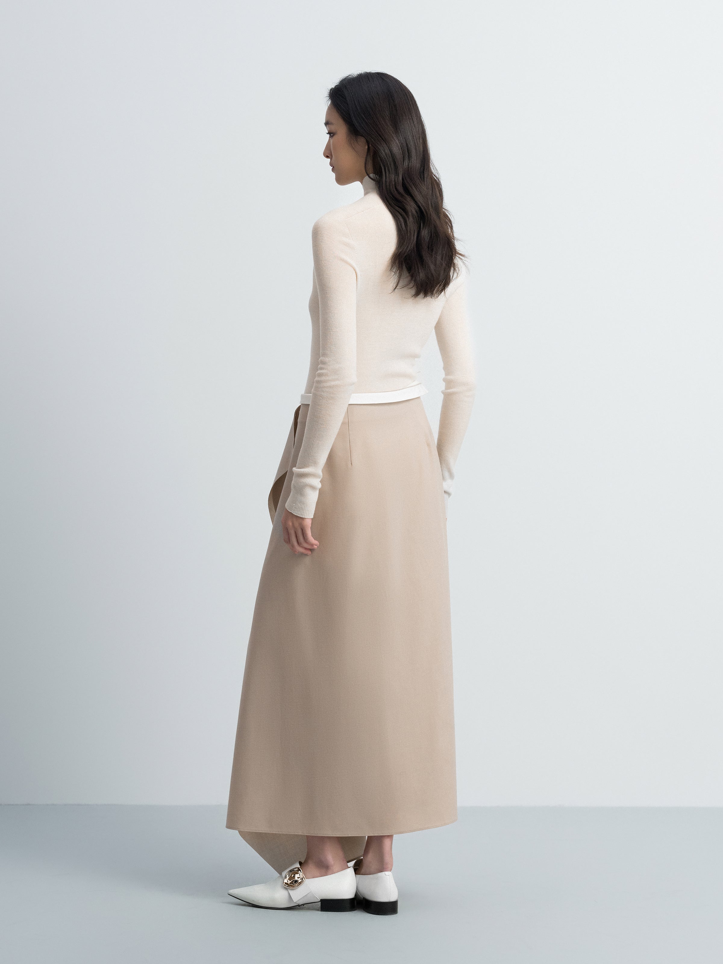 Light Khaki Worsted Wool A-Line Front Pleat Skirt