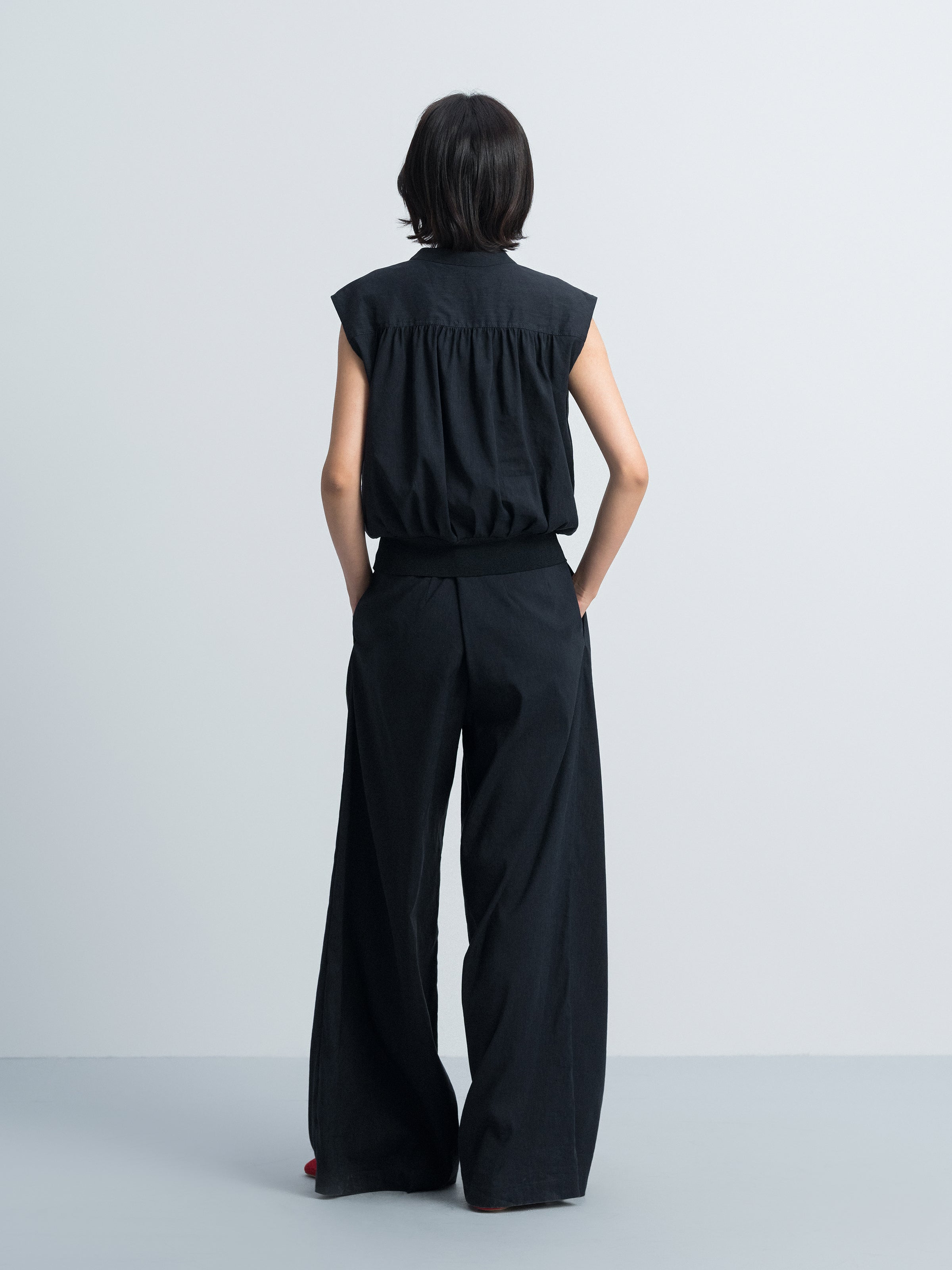 Navy Blue Linen Blend Double Pleat Wide-Leg Trousers