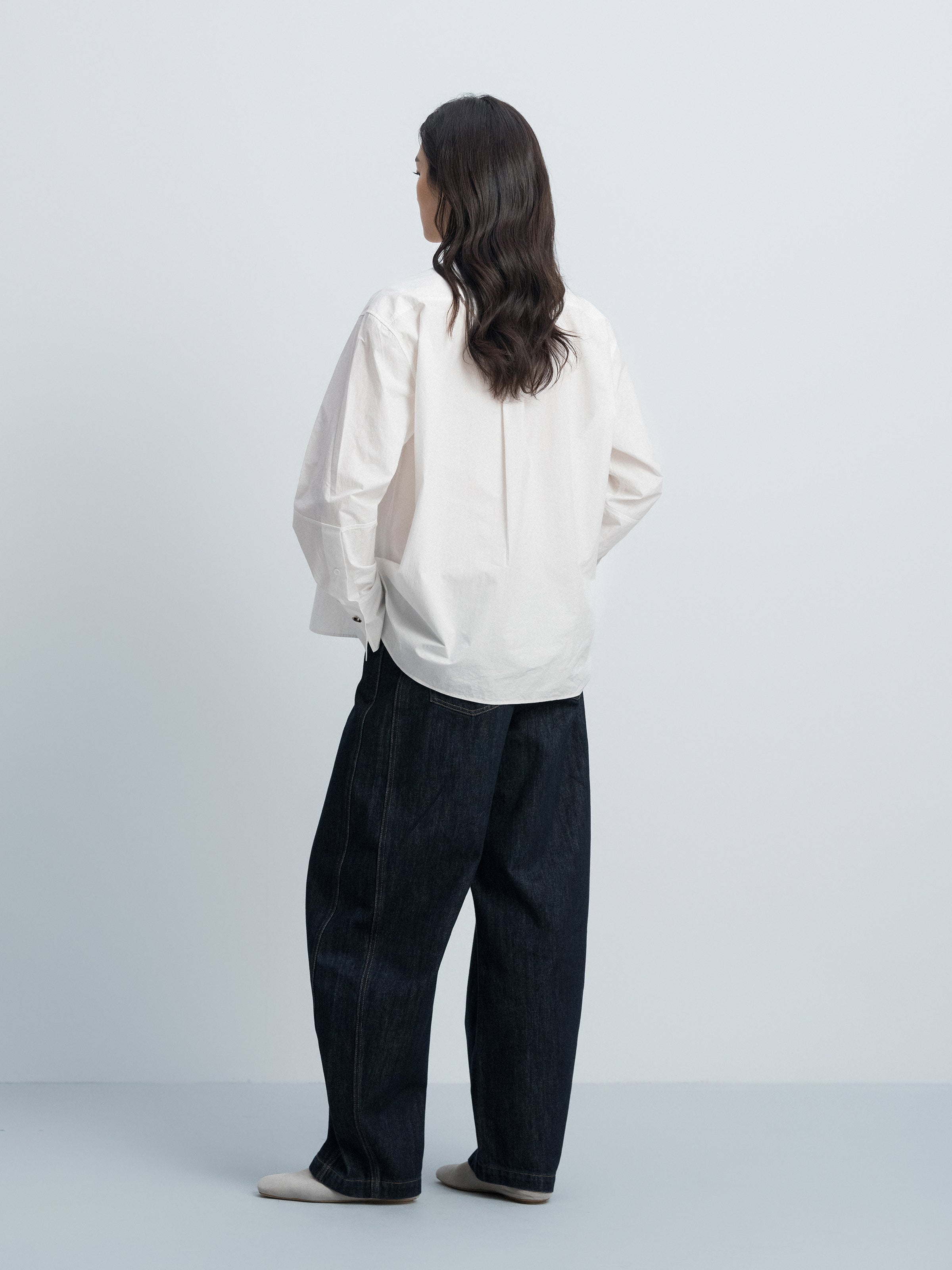 Off White Cotton Crinkle Stand Collar Hidden Placket Shirt