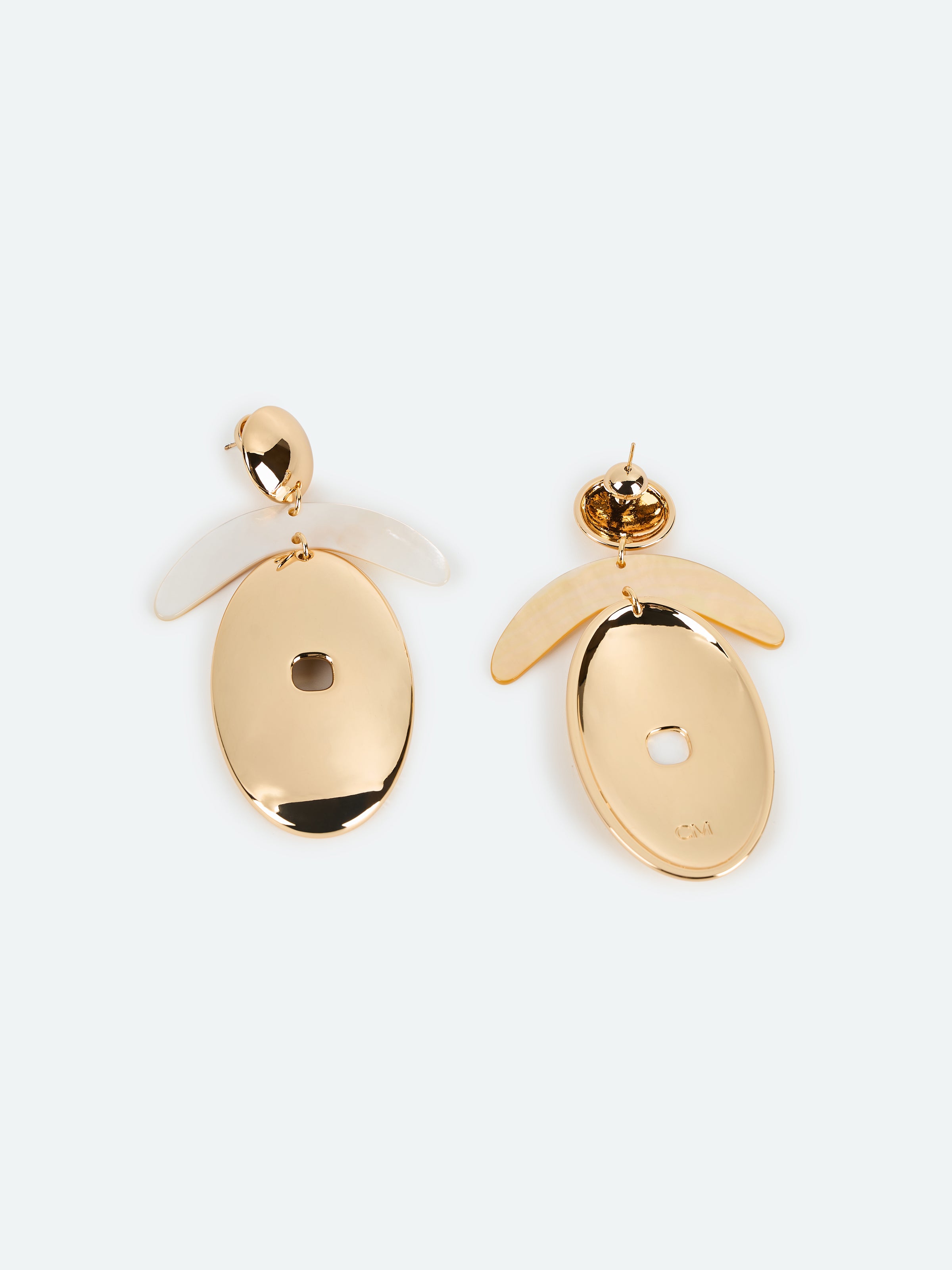 Gold Mother of Pearl Crescent Oval Pendant Earrings