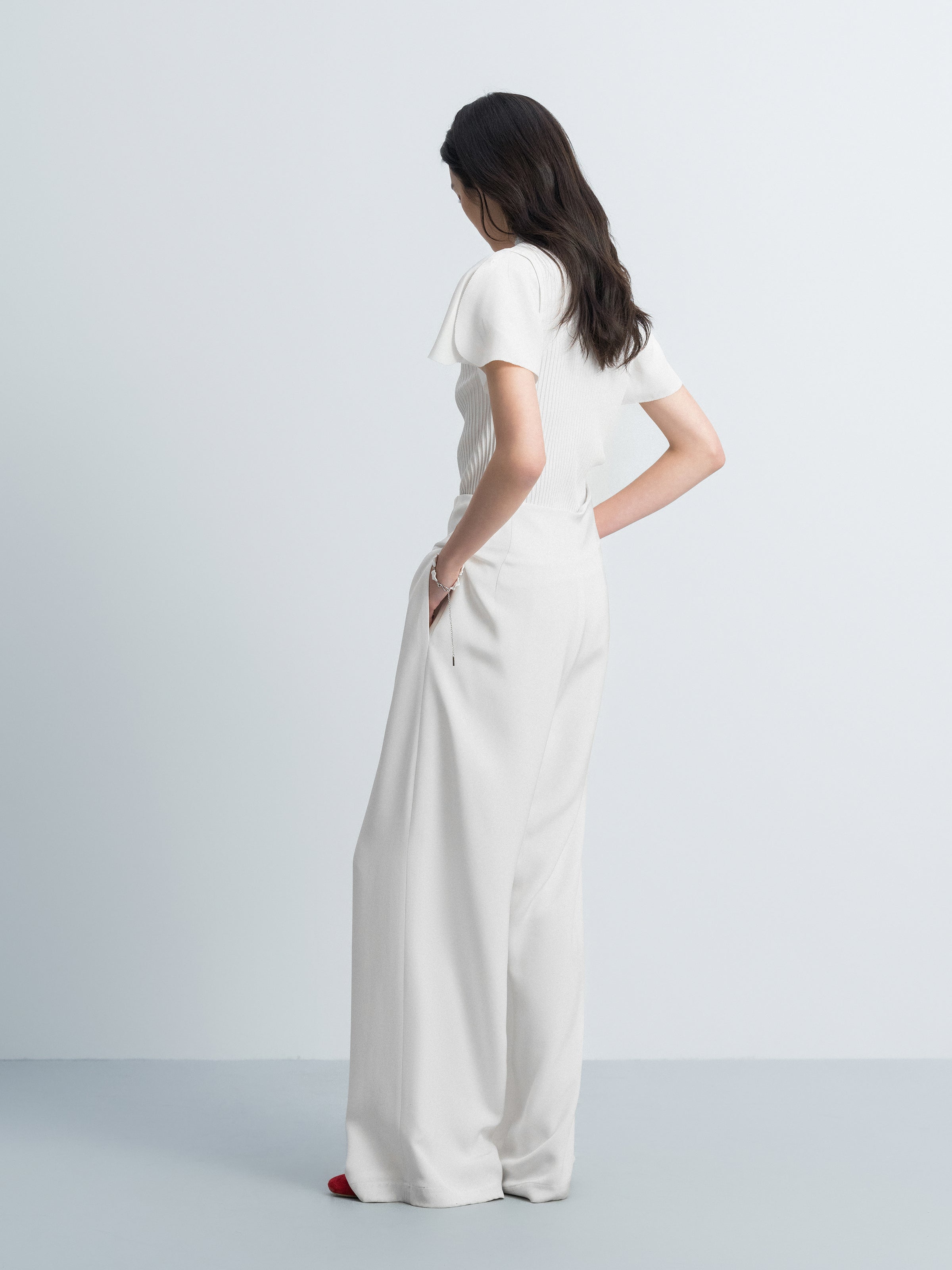 Cream White Mulberry Silk Double Pleat Wide-Leg Trousers