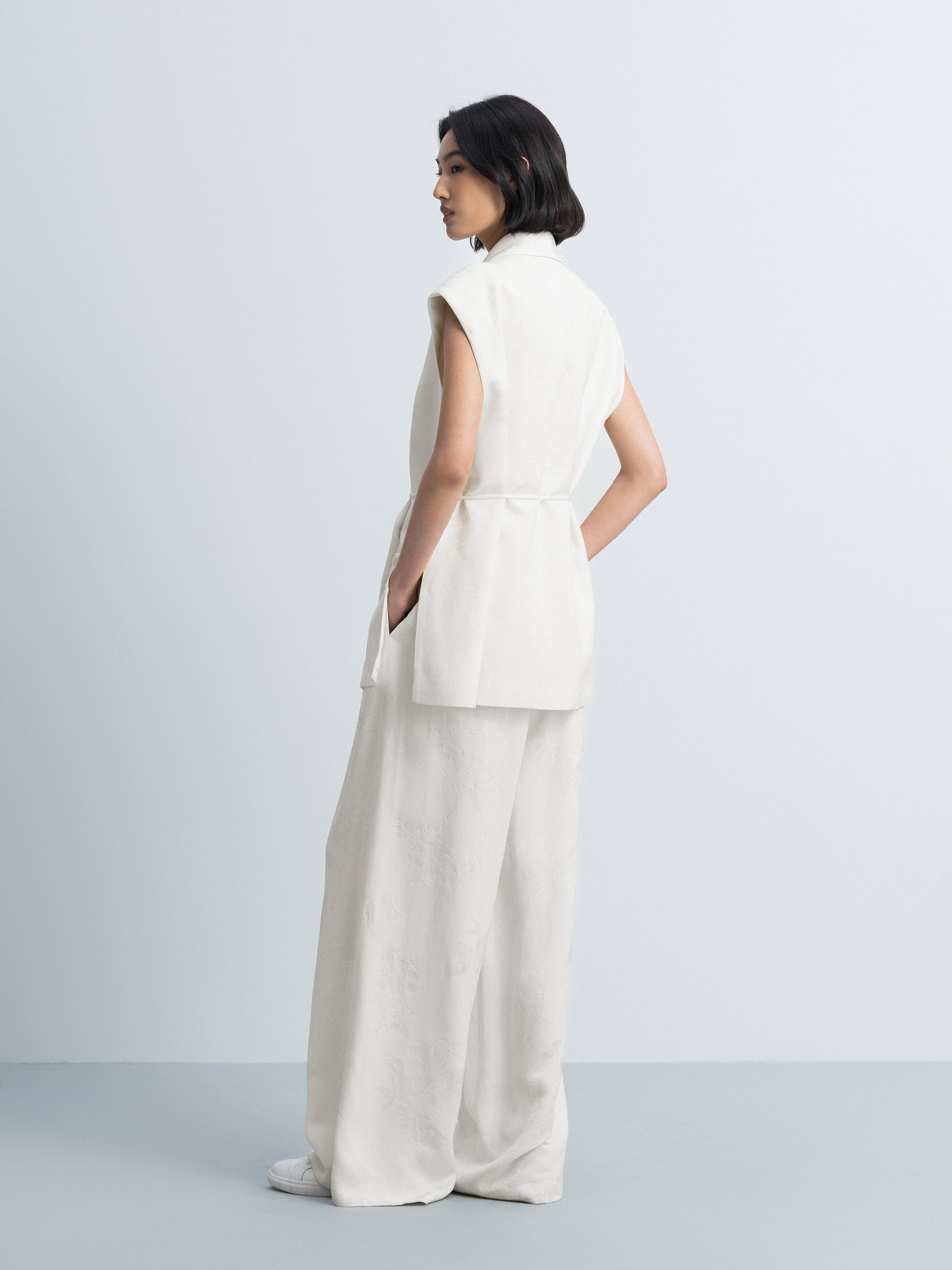 Cream White Rayon Jacquard High-Waist Wide-Leg Trousers