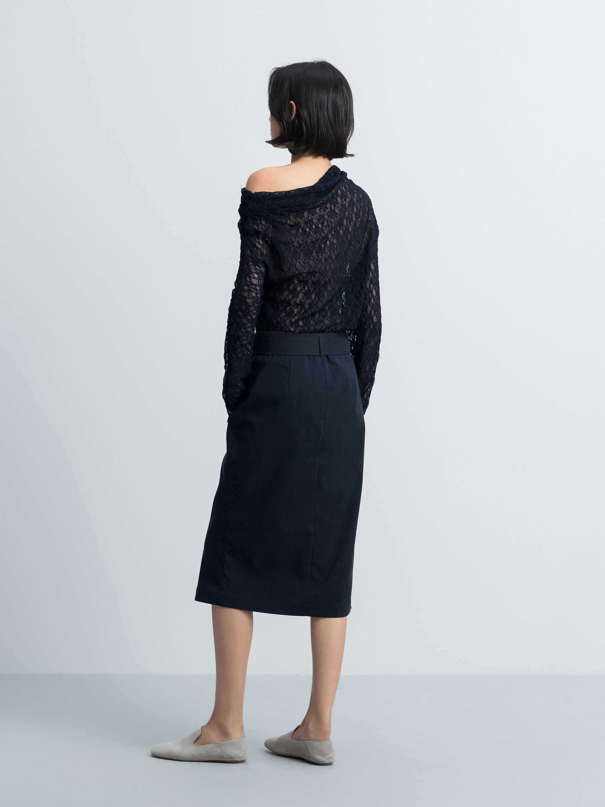 Navy Blue Linen Blend D-Ring Utility Pocket Midi Skirt