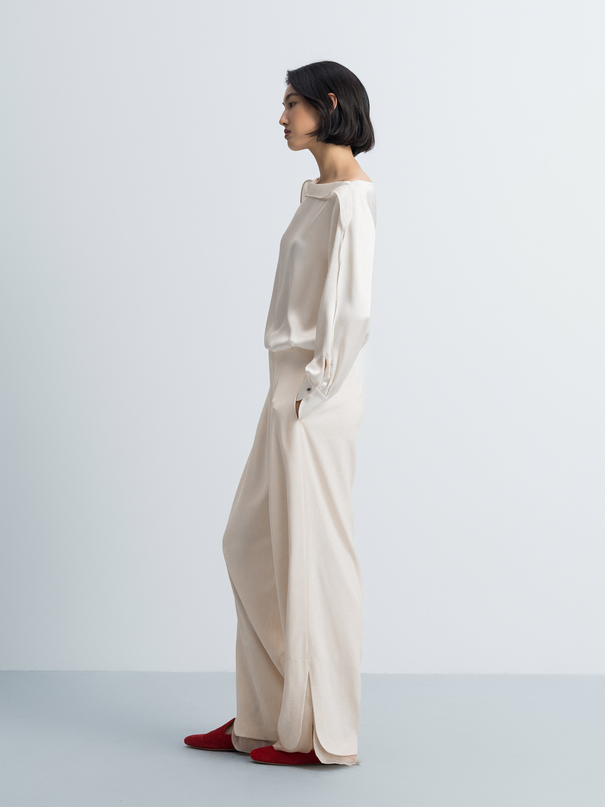 Cream White Acetate Satin Boat Neck Crossover Top