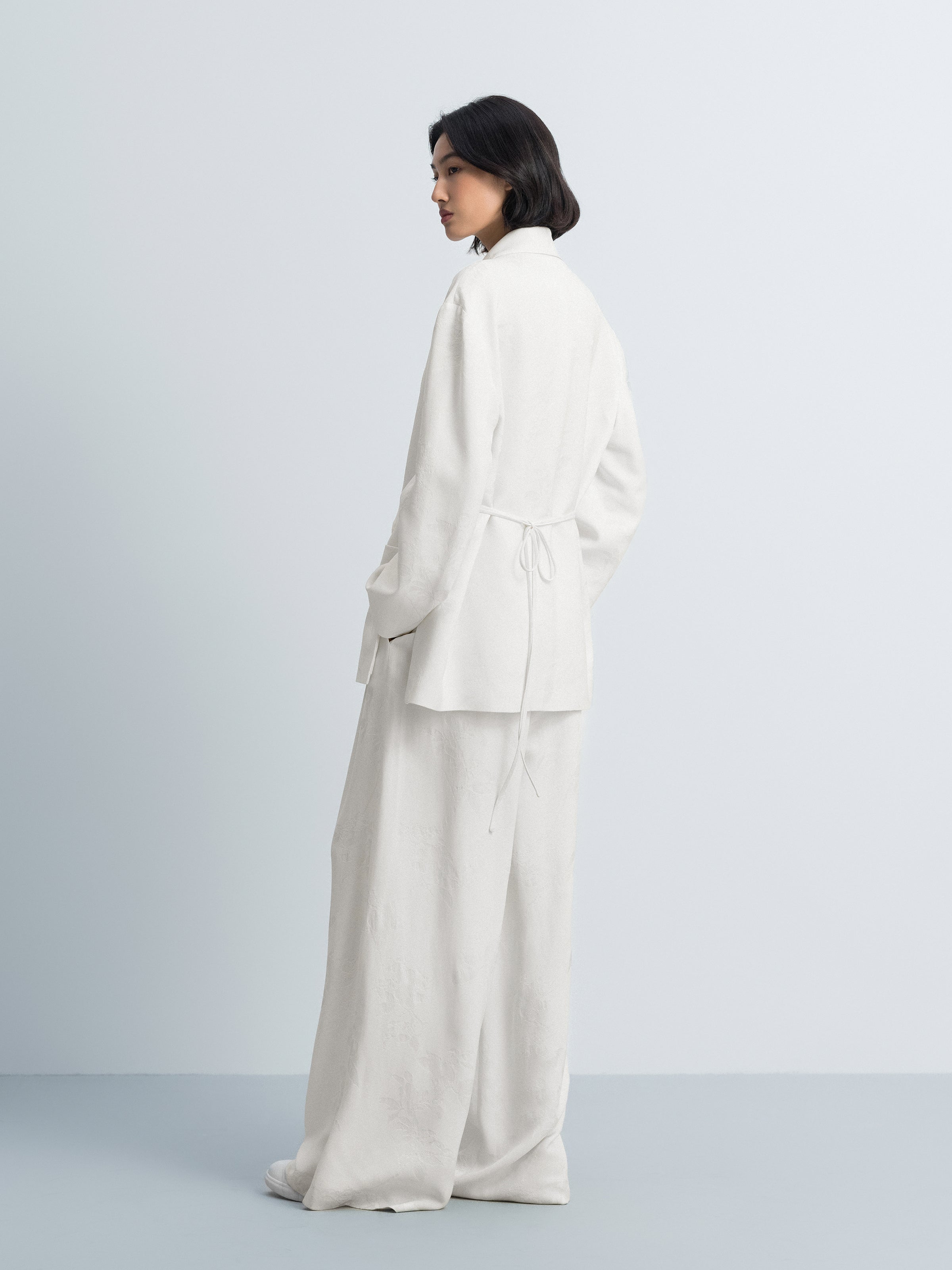 Cream White Rayon Jacquard Shawl Collar Oversized Blazer