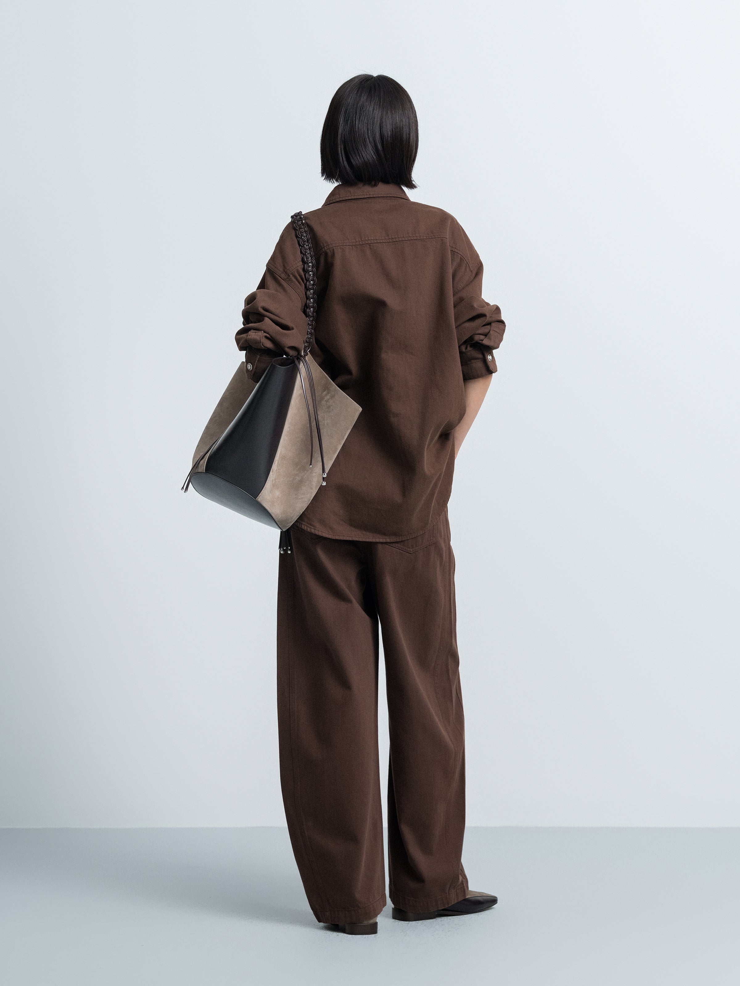 Coffee brown long-sleeve denim shirt, back view