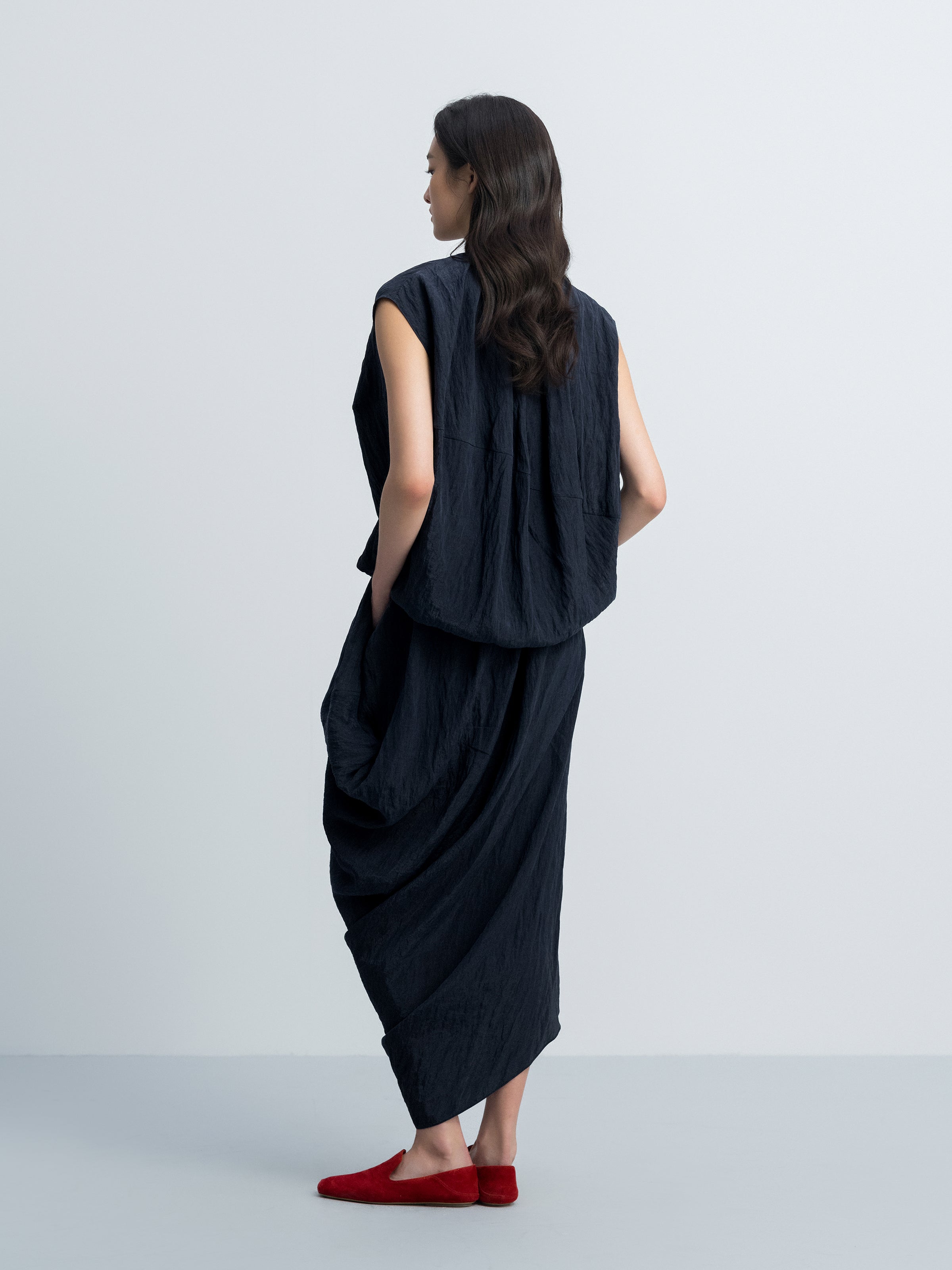 Navy Blue Tencel Snow-Washed Irregular Drape Long Skirt