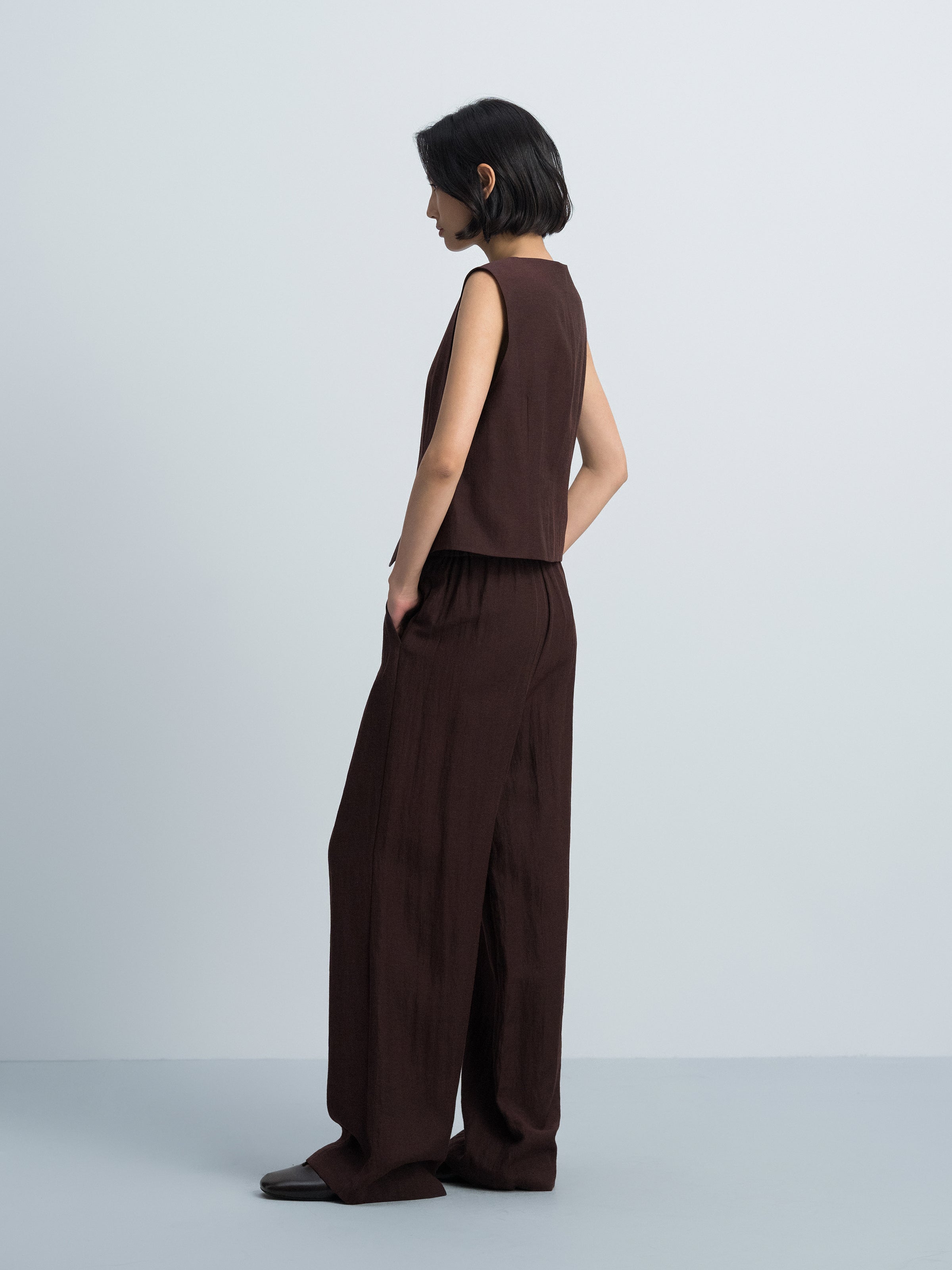 Coffee Brown Linen Blend Shell Button V-Neck Vest
