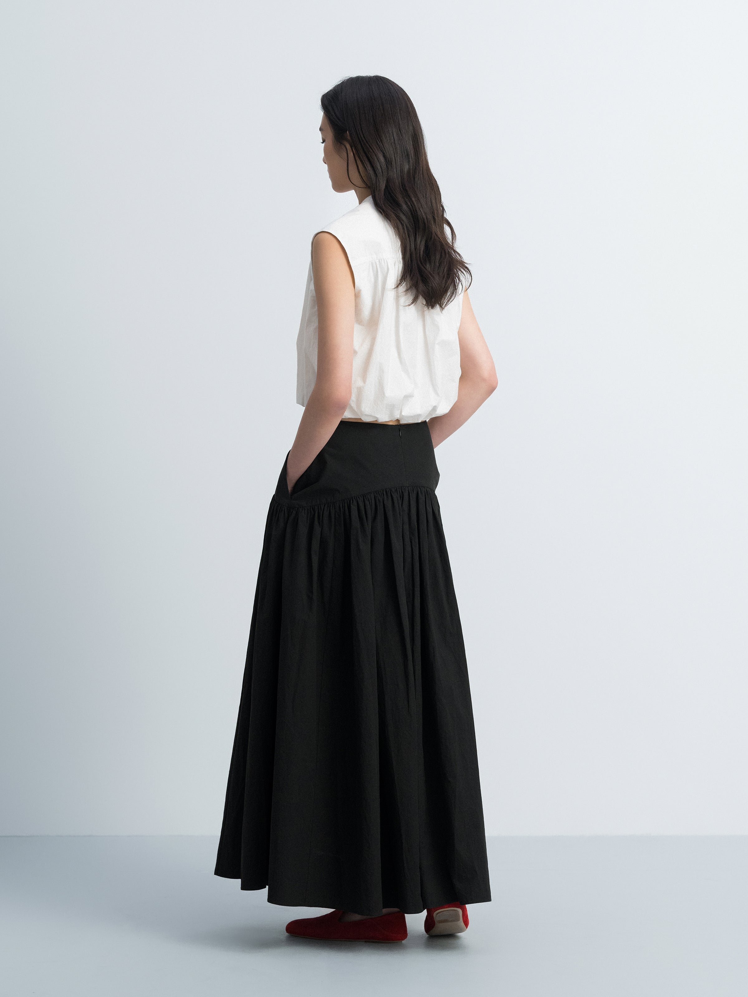 Black Washed Pima Cotton Ruched A-Line Long Skirt