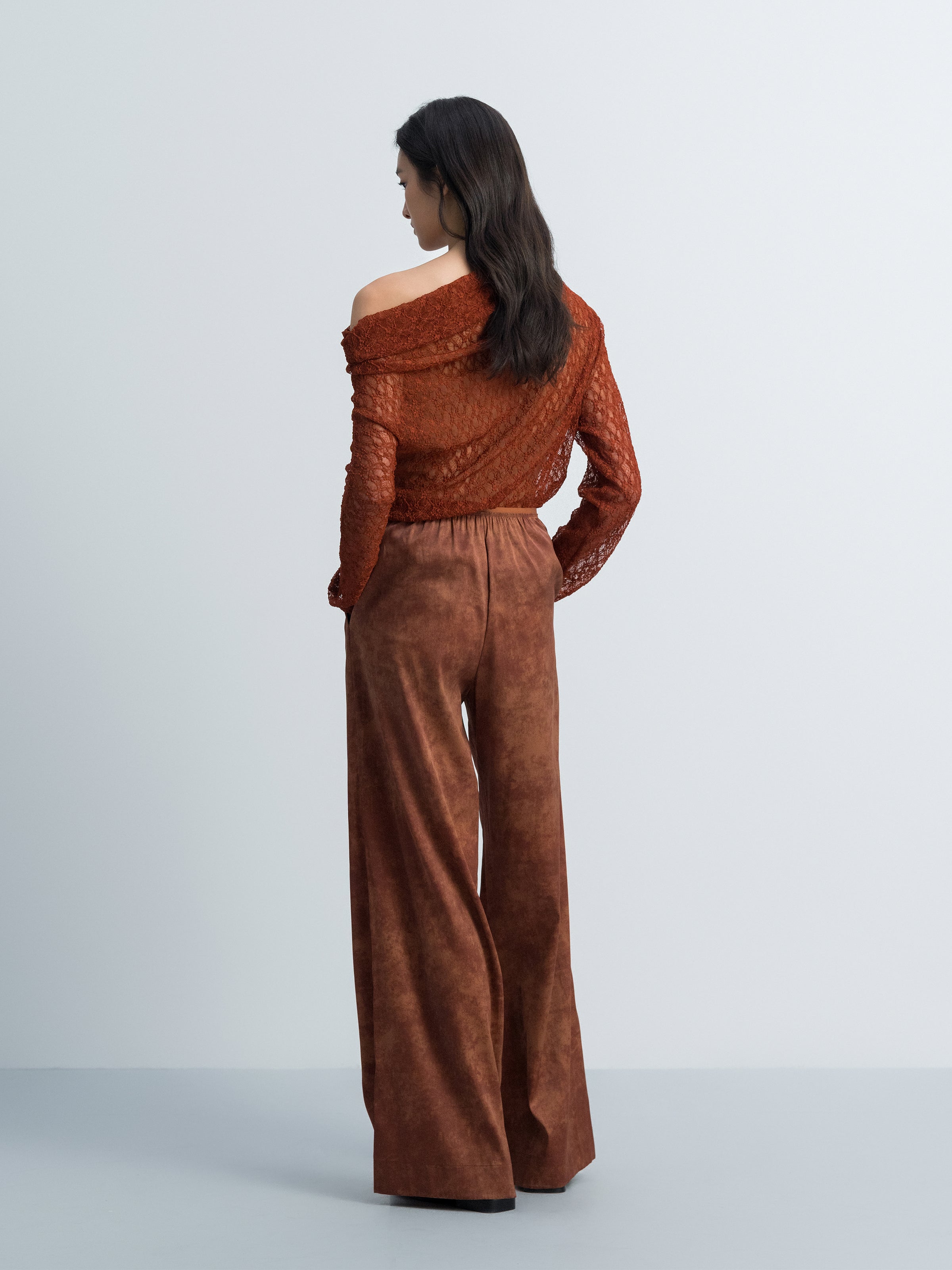 Orange Red Stretch Lace Stacked Neck Fitted Long-Sleeve Top