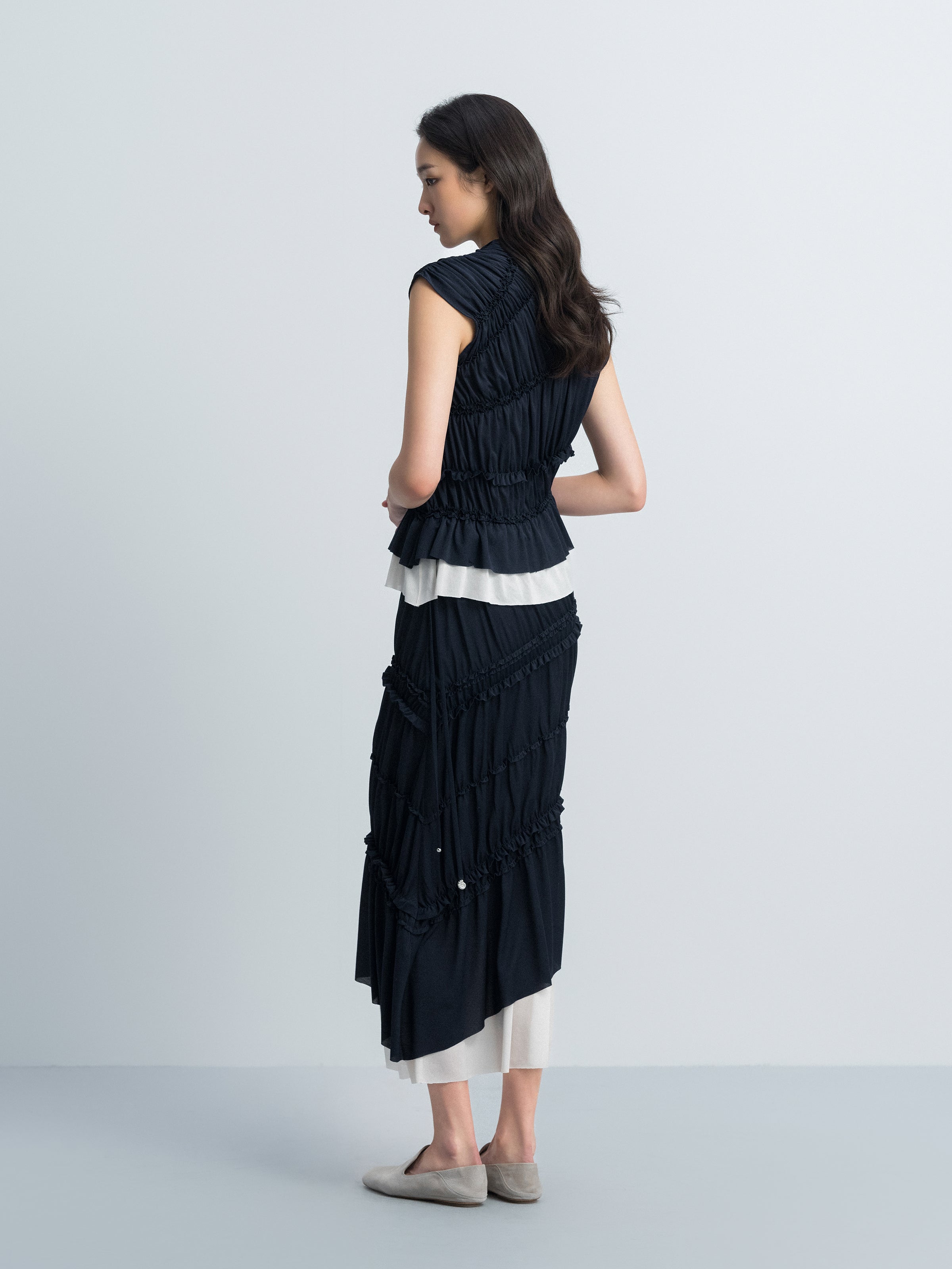 Navy Blue Acetate Knit Fitted Sleeveless Color-Block Top