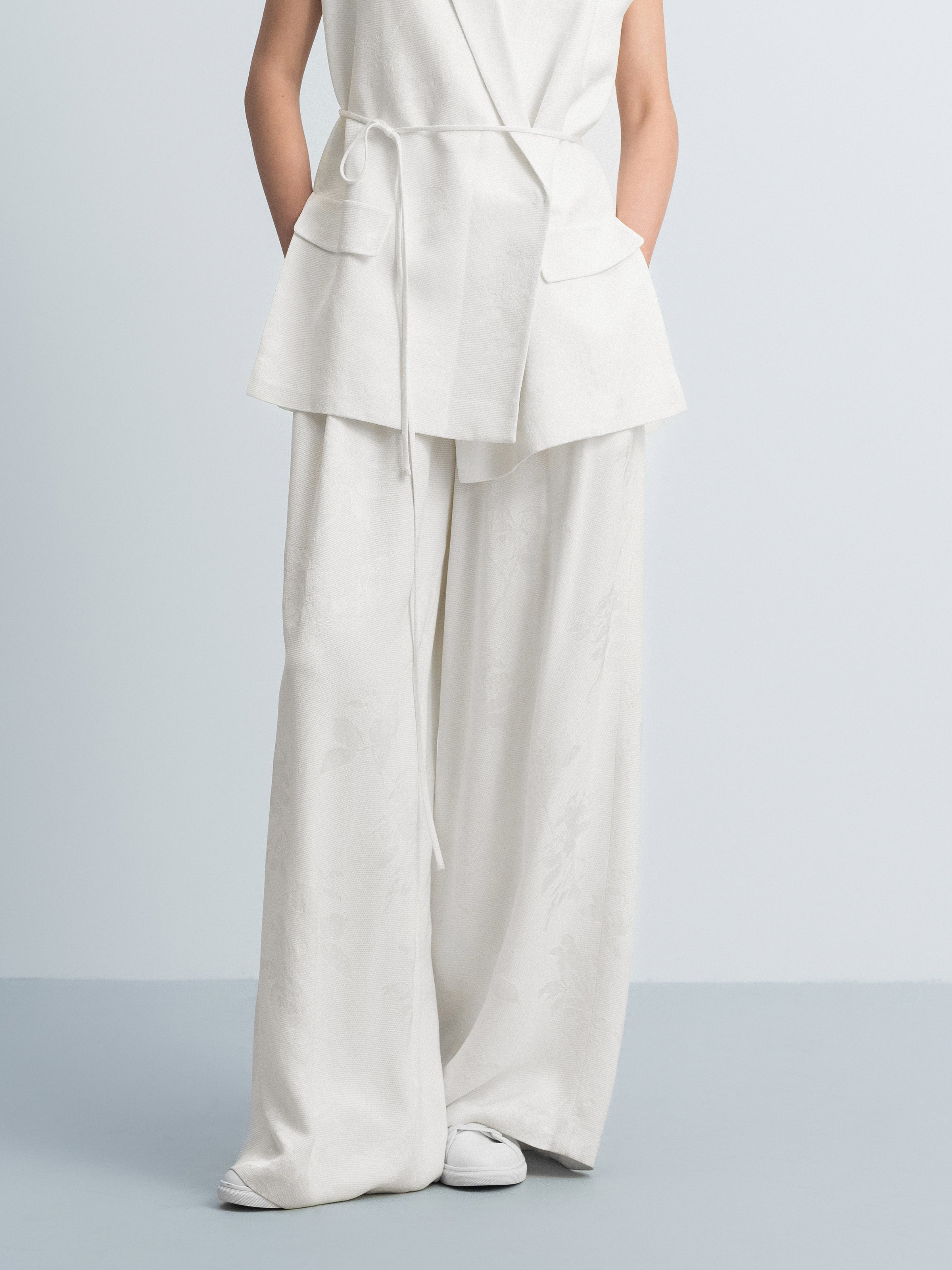 Cream White Rayon Jacquard High-Waist Wide-Leg Trousers