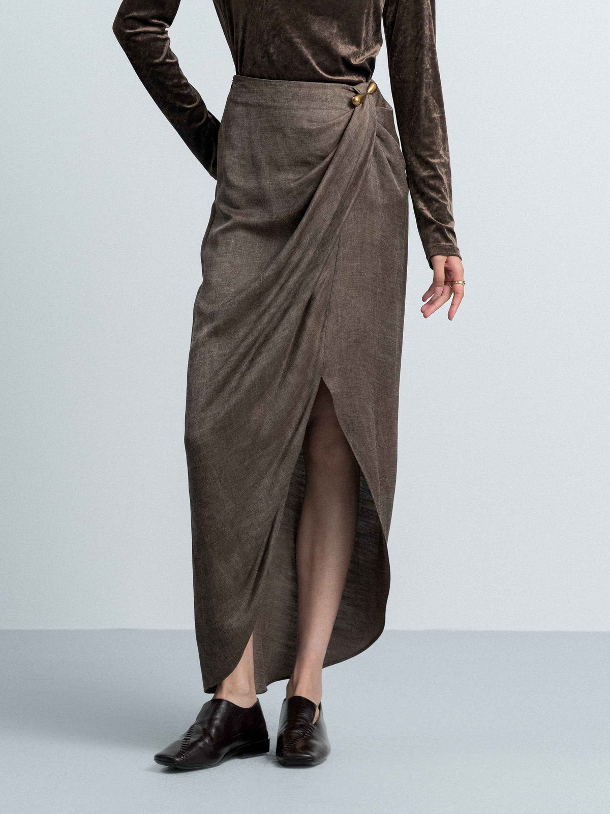 Asymmetrical Pinched‑pleat Midi Skirt