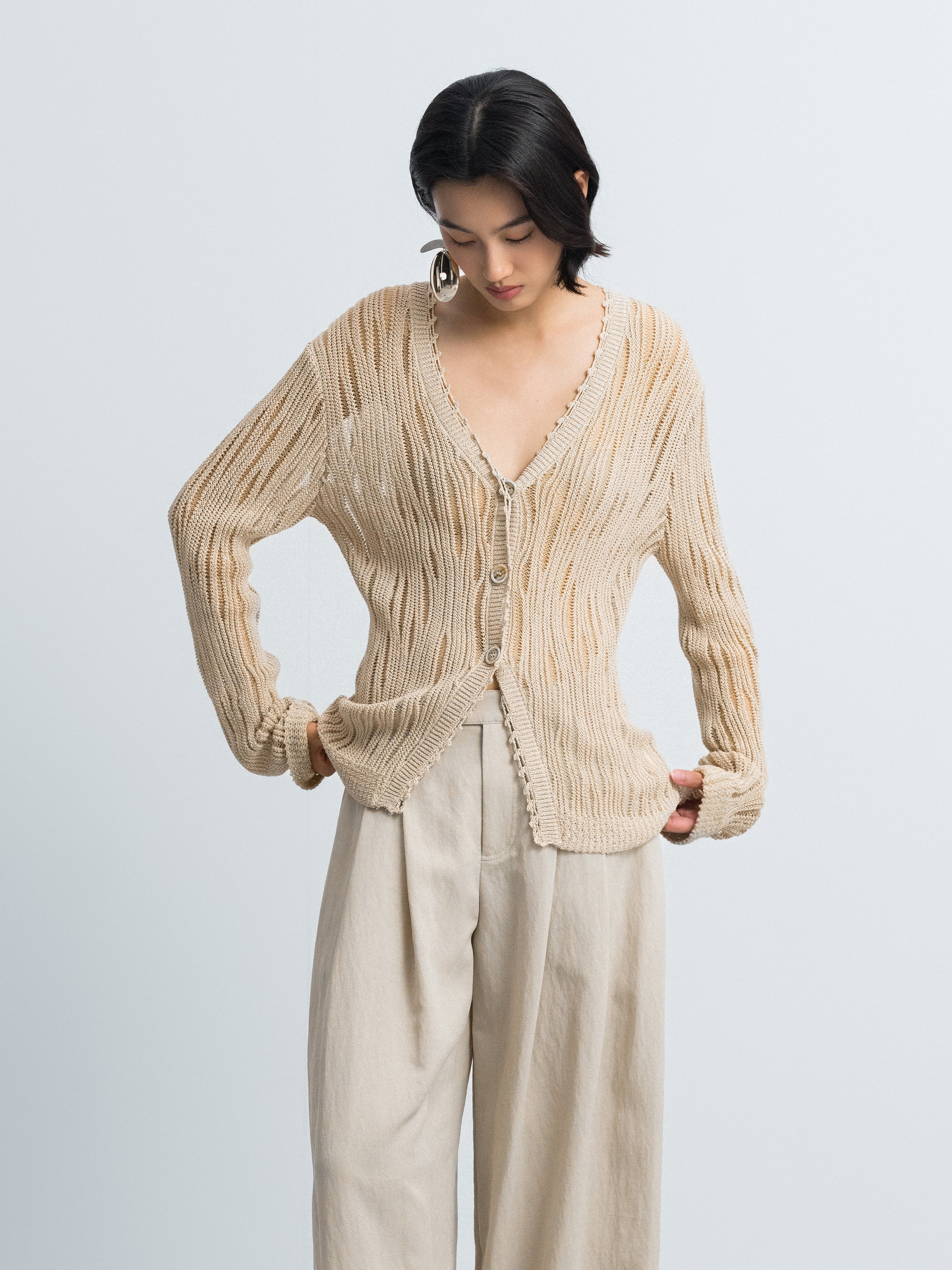 Light Khaki Openwork Floral Placket V-Neck Knit Cardigan