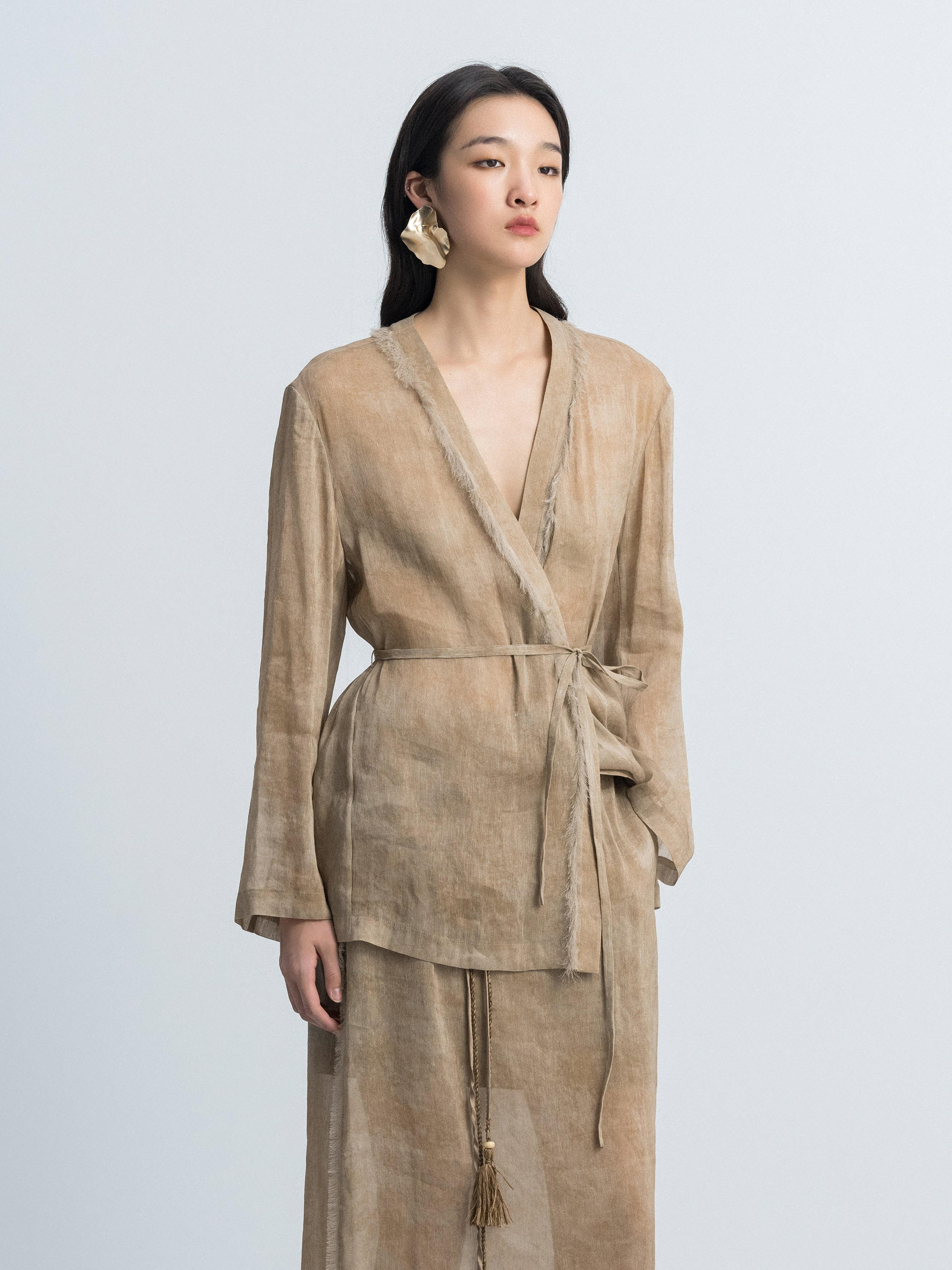 Light Khaki Tie Waist Blazer