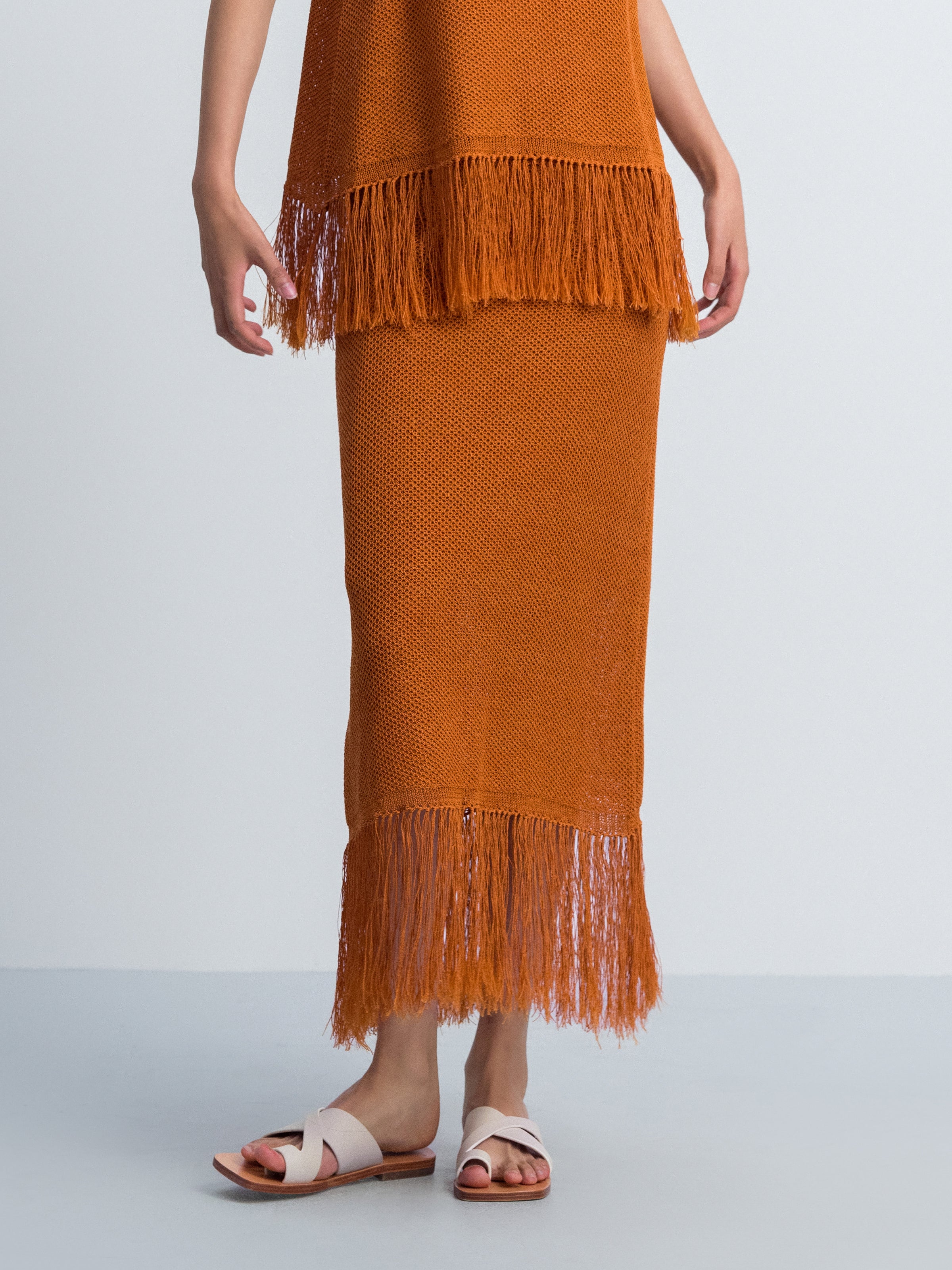 Orange Red Knitted Midi Skirt