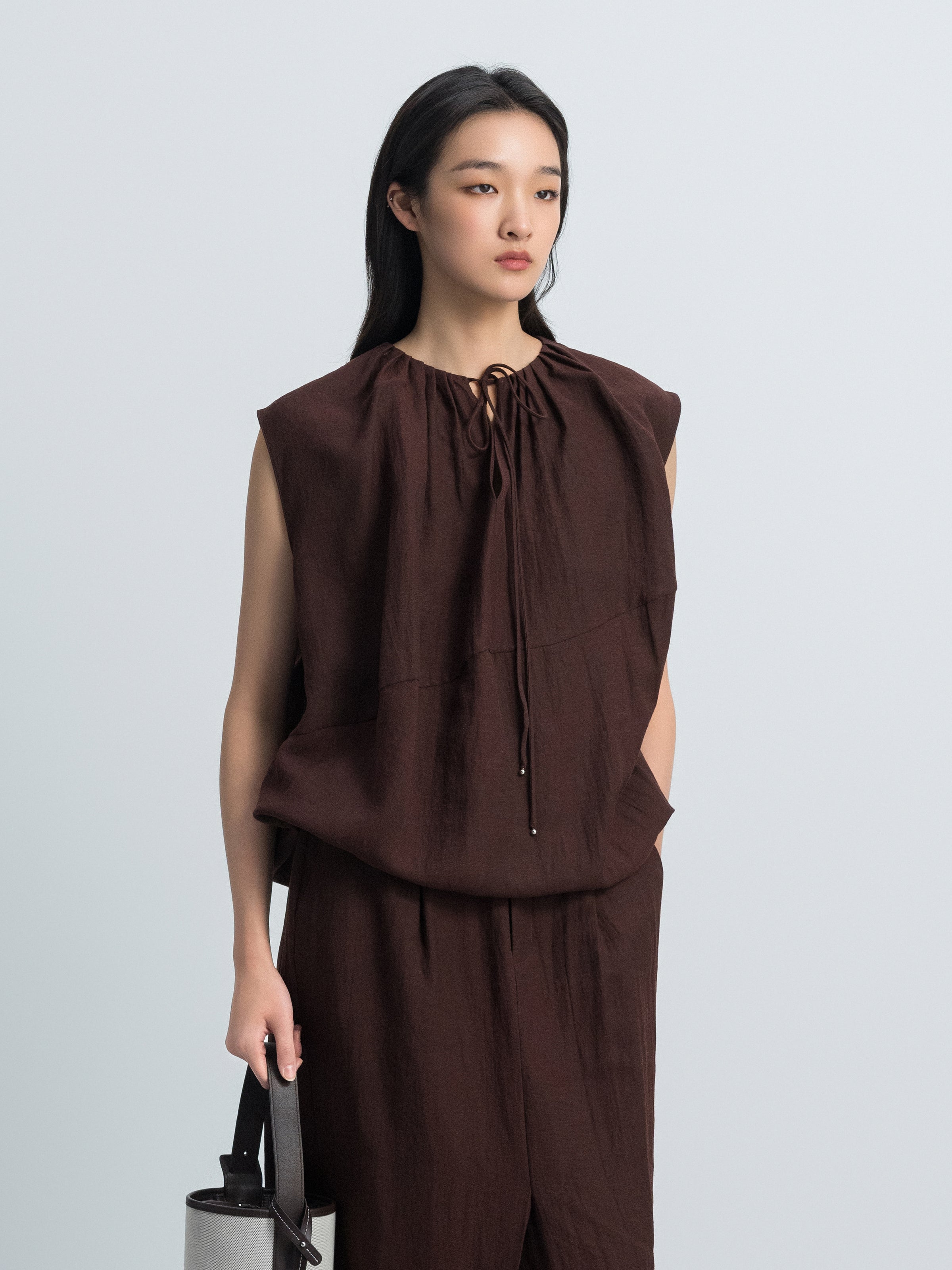 Coffee Brown Linen Blend Drawstring Neck Cocoon Top