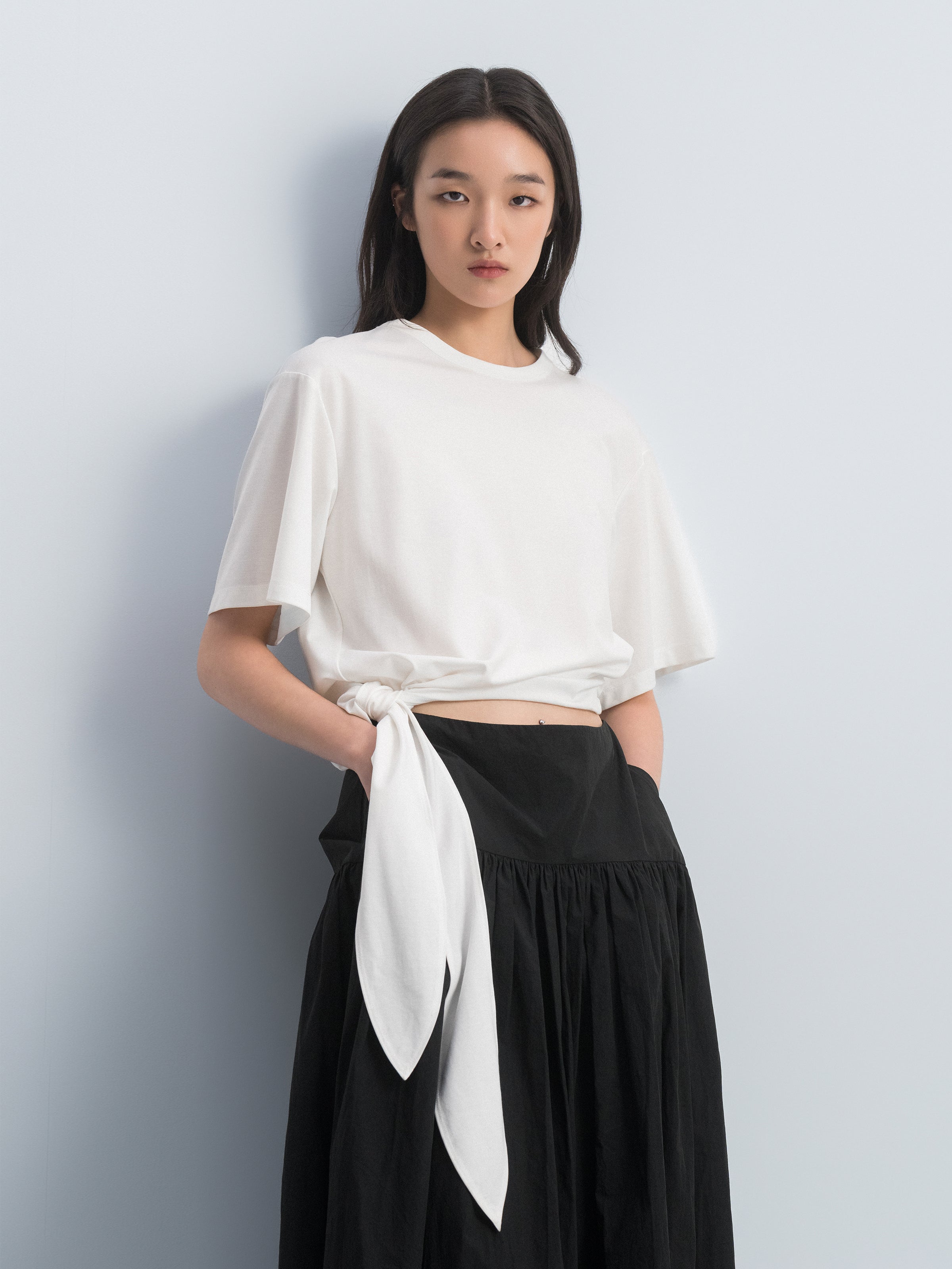 Off White Silk Romanit Knot Hem Short-Sleeve T-Shirt