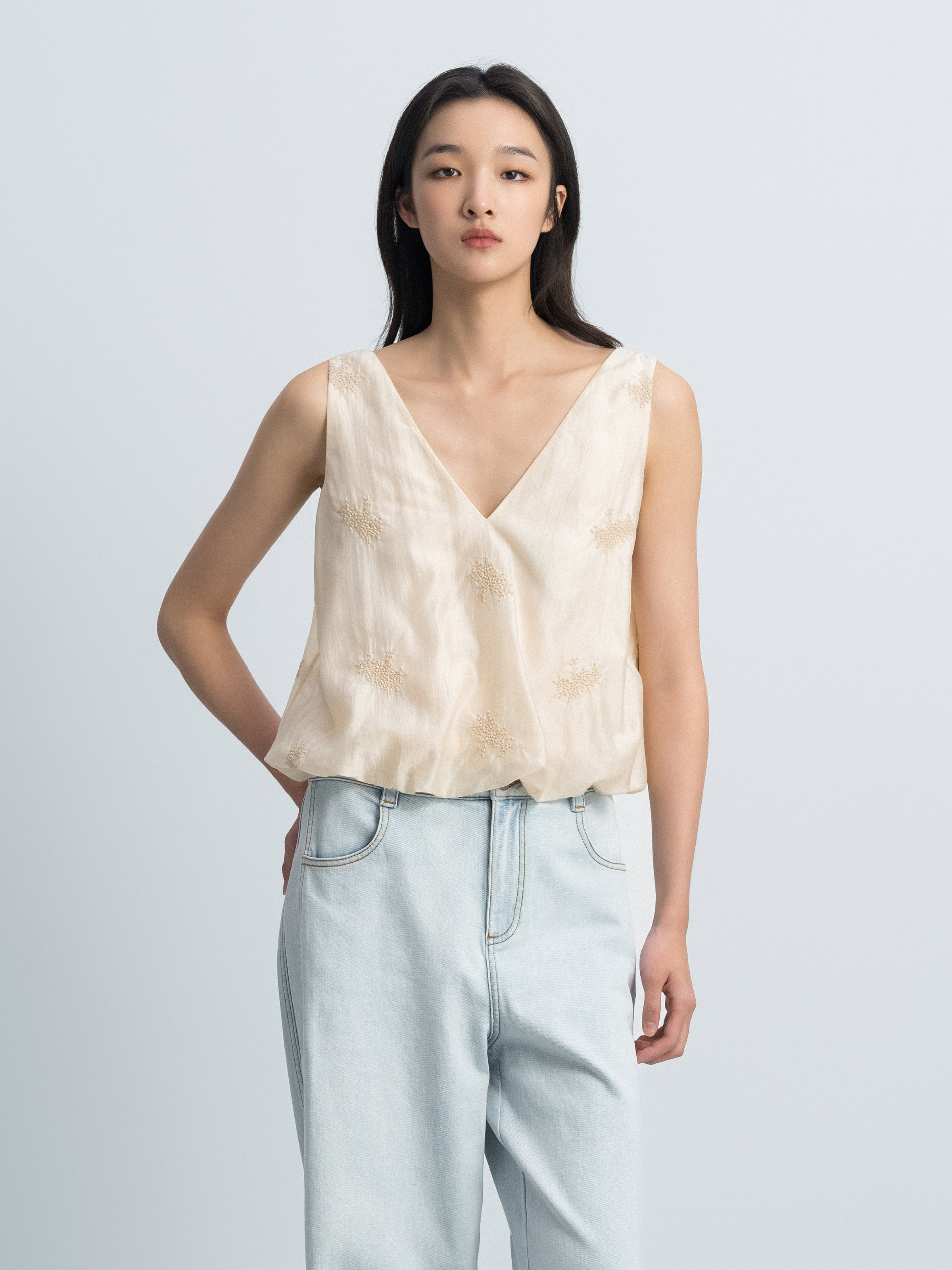 Beige Yellow Lyocell Blend V-Neck Elastic Hem Top