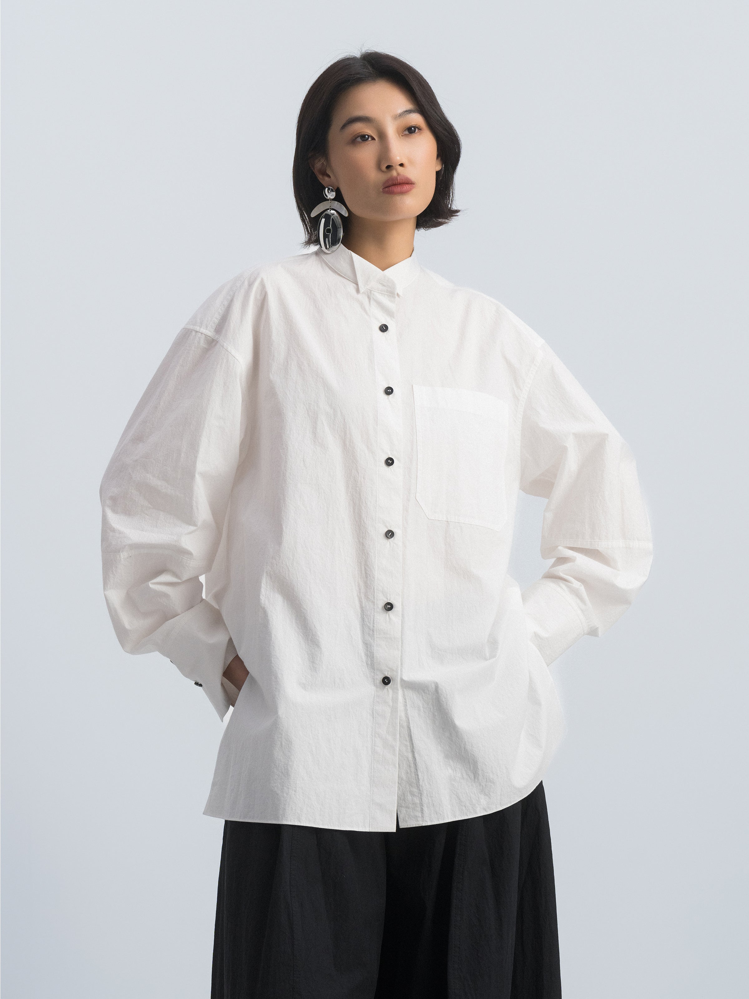 Off White Cotton Crinkle Contrast Button Side Slit Shirt