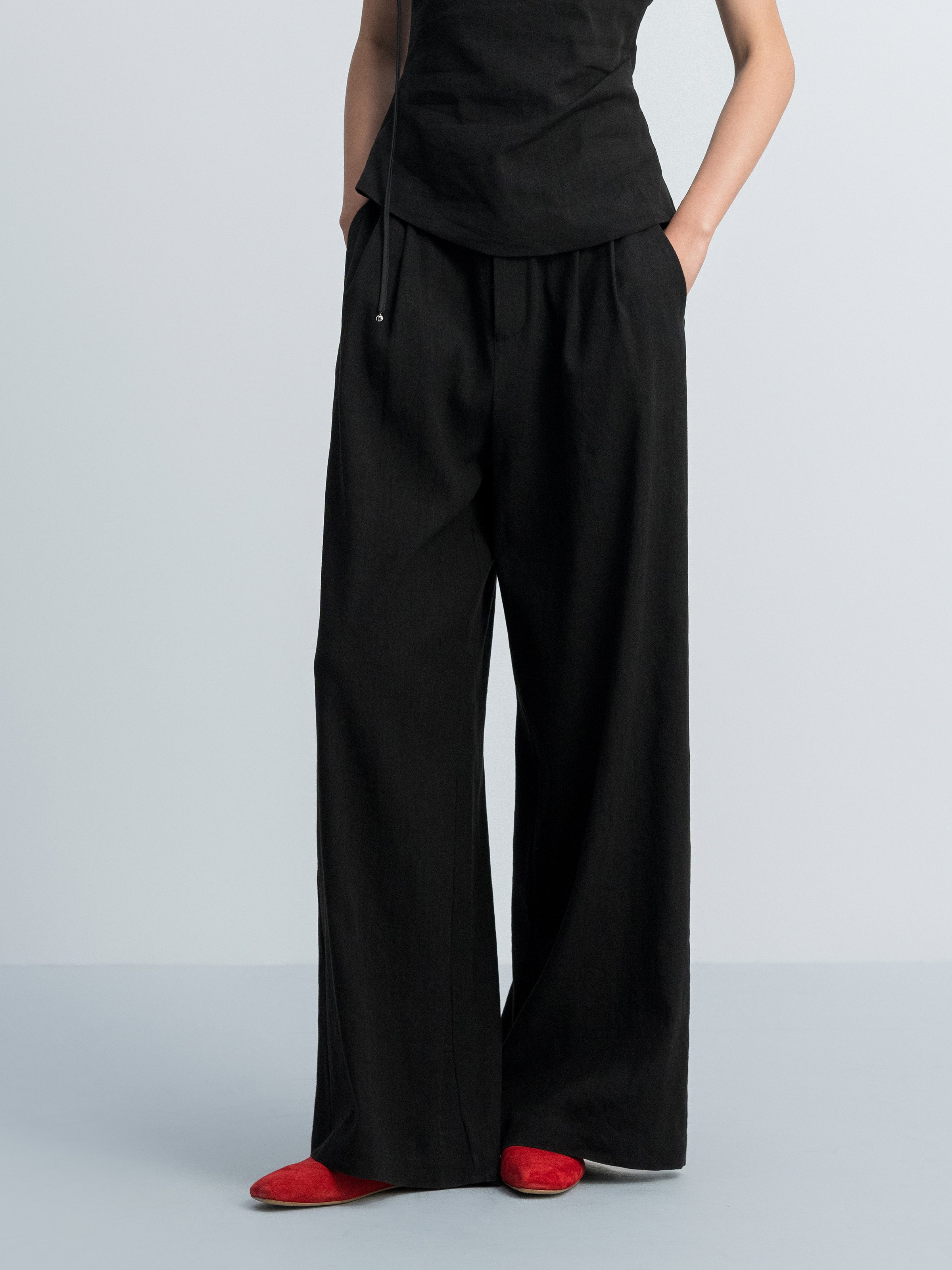 Black Linen Blend Double Pleat Wide-Leg Trousers