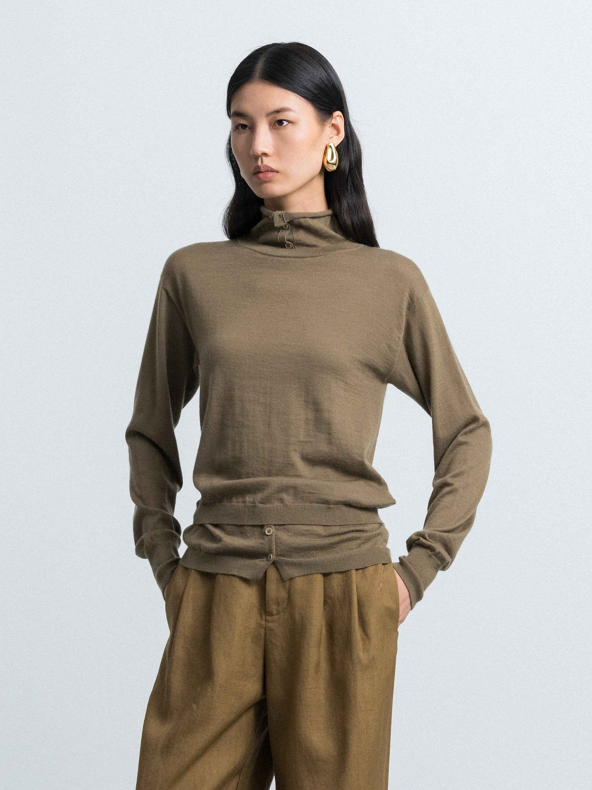 Semi‑placket High‑neck Knit Base Layer