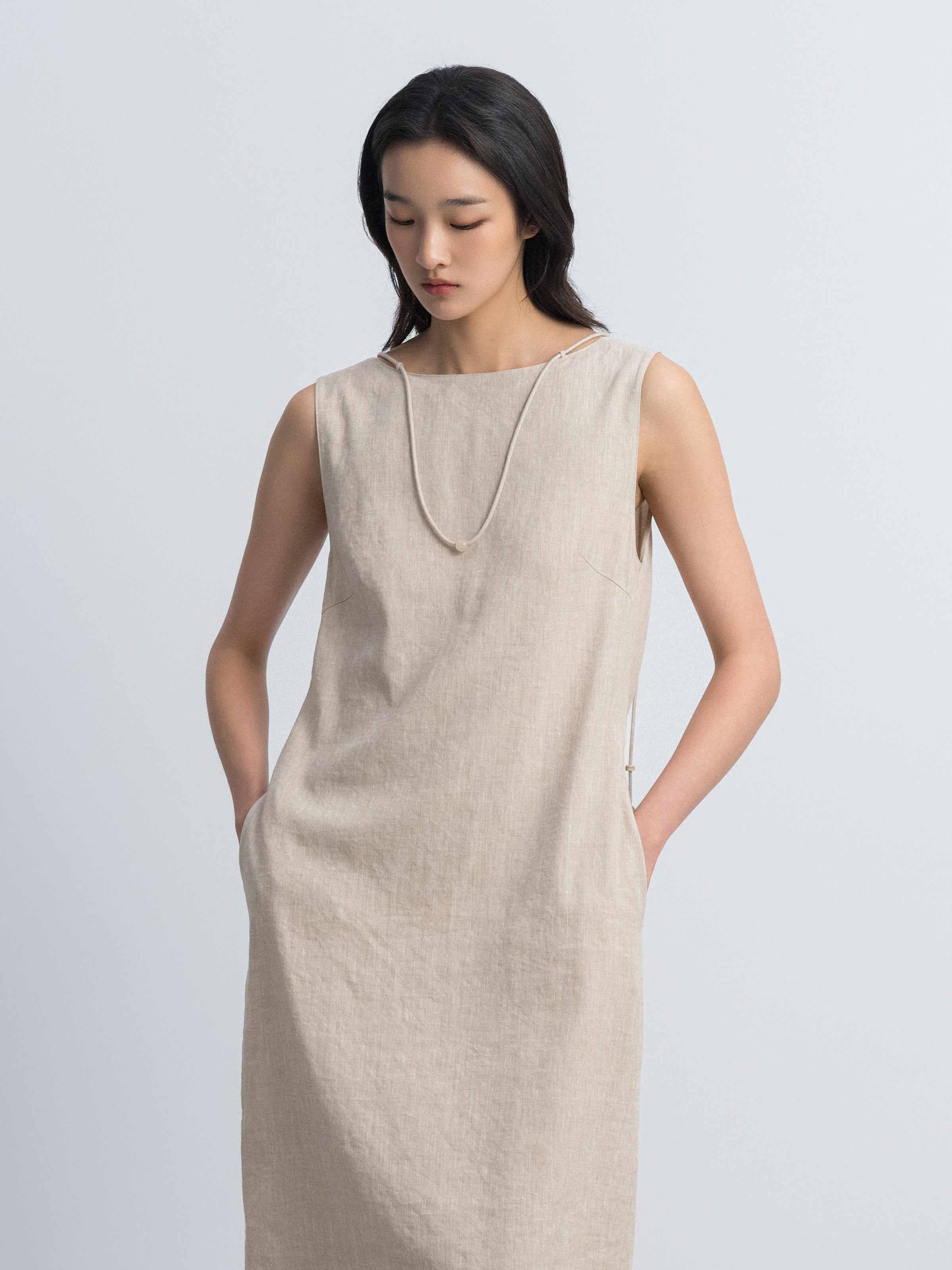 Oatmeal Linen Blend V Knot Back Cocoon Sleeveless Dress