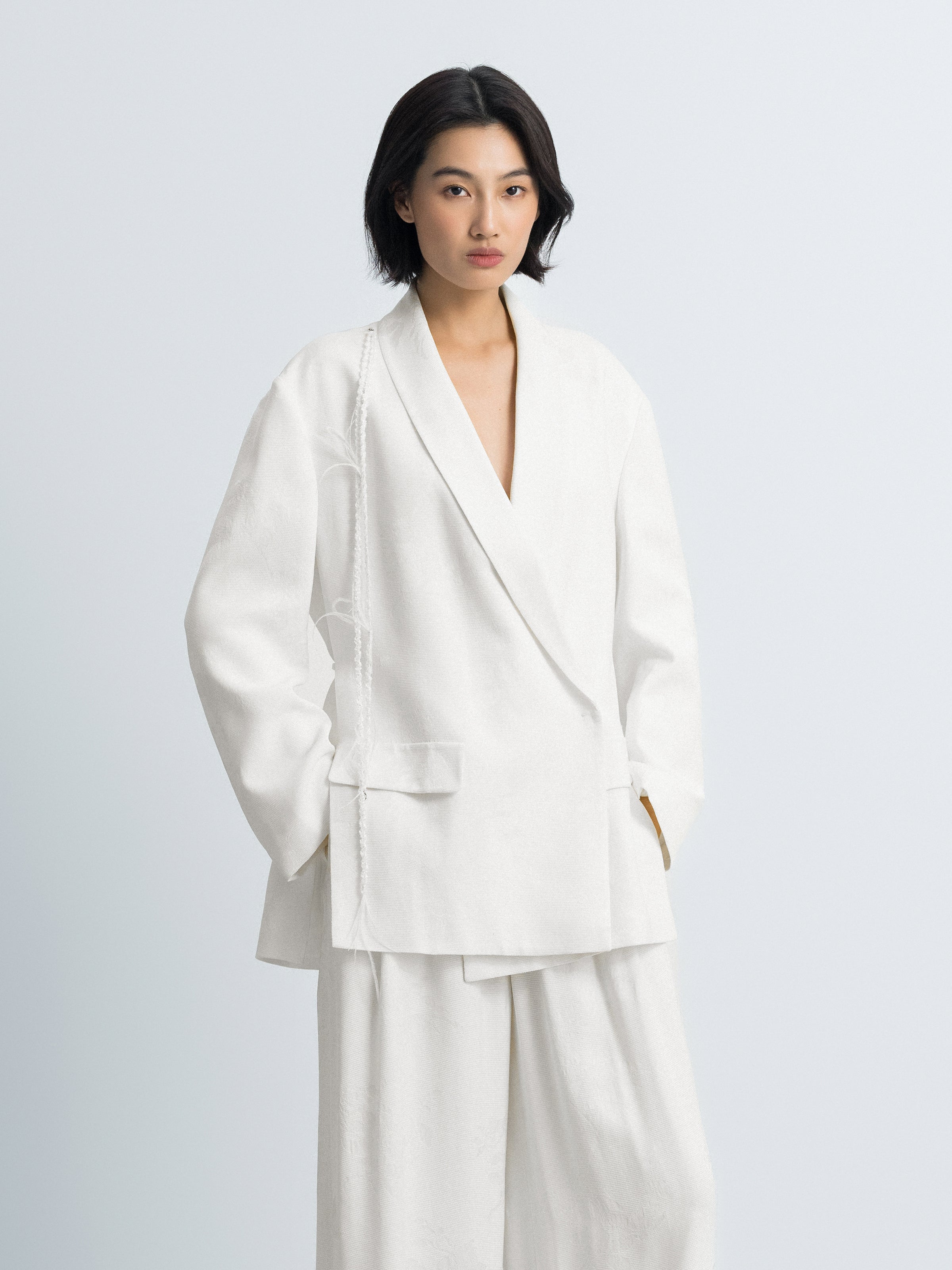 Cream White Rayon Jacquard Shawl Collar Oversized Blazer