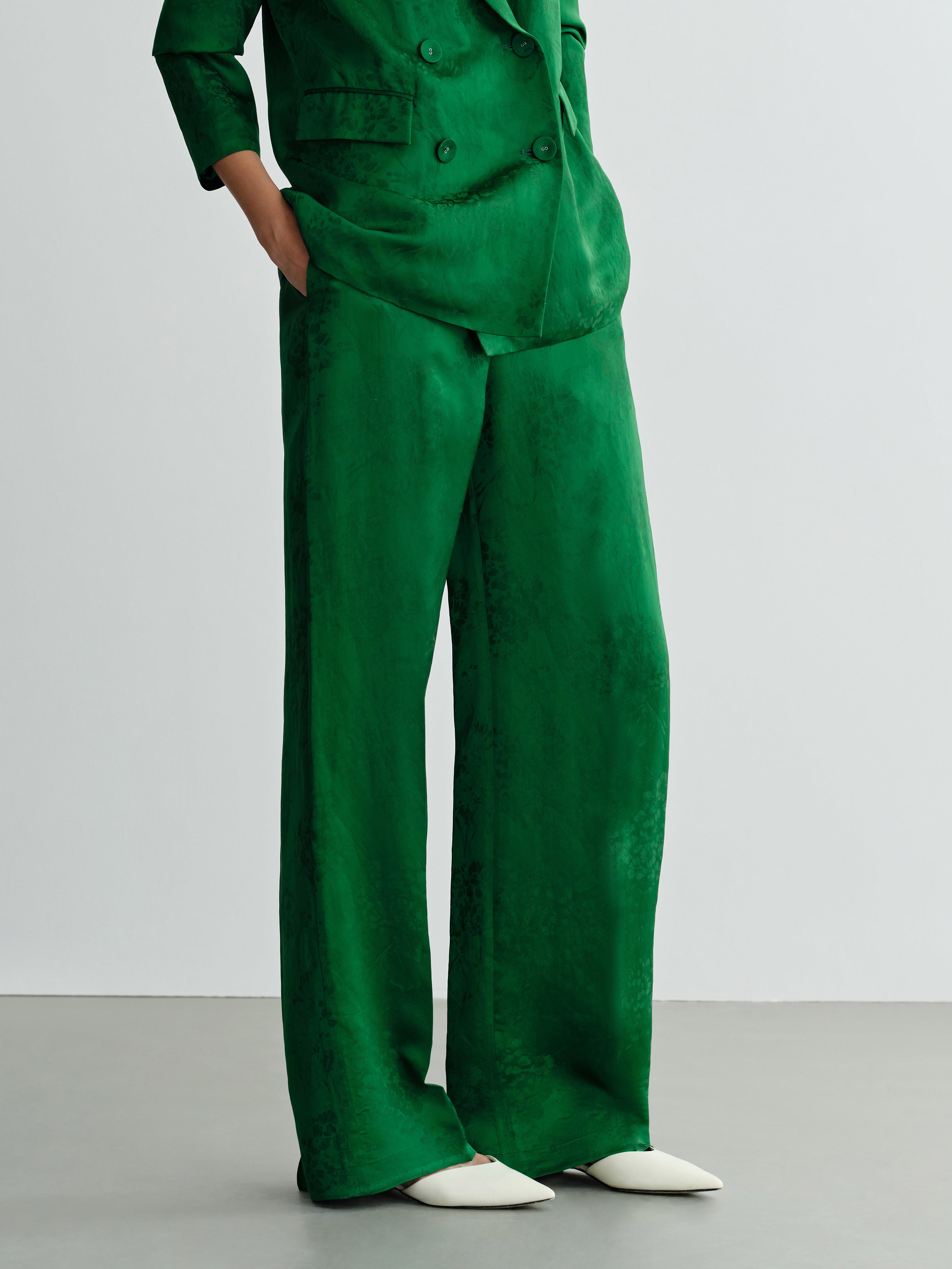 Green Mulberry Silk Jacquard Wide-Leg Trousers