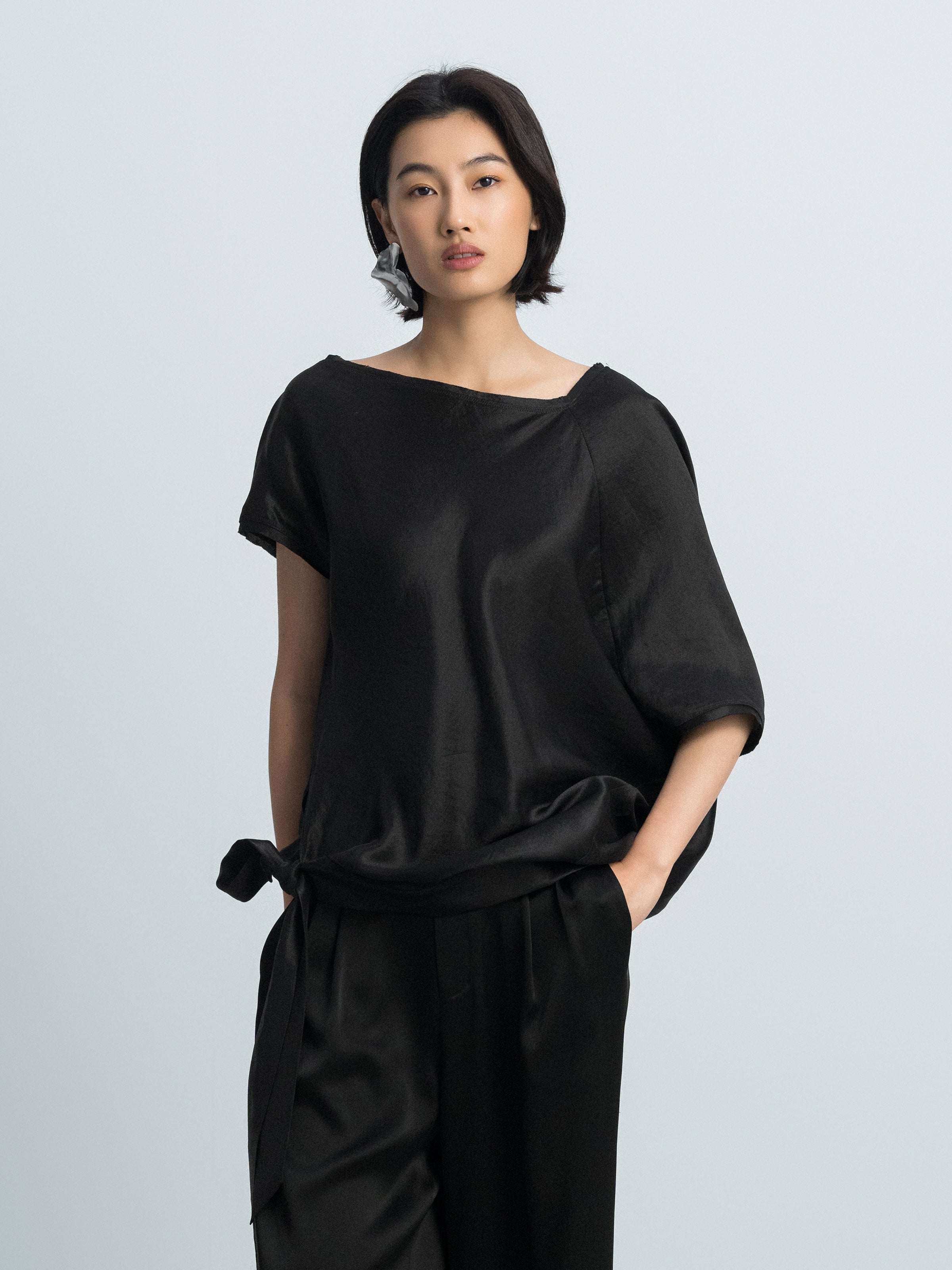 Black Shiny Silk Irregular Cocoon Asymmetric Sleeve Top