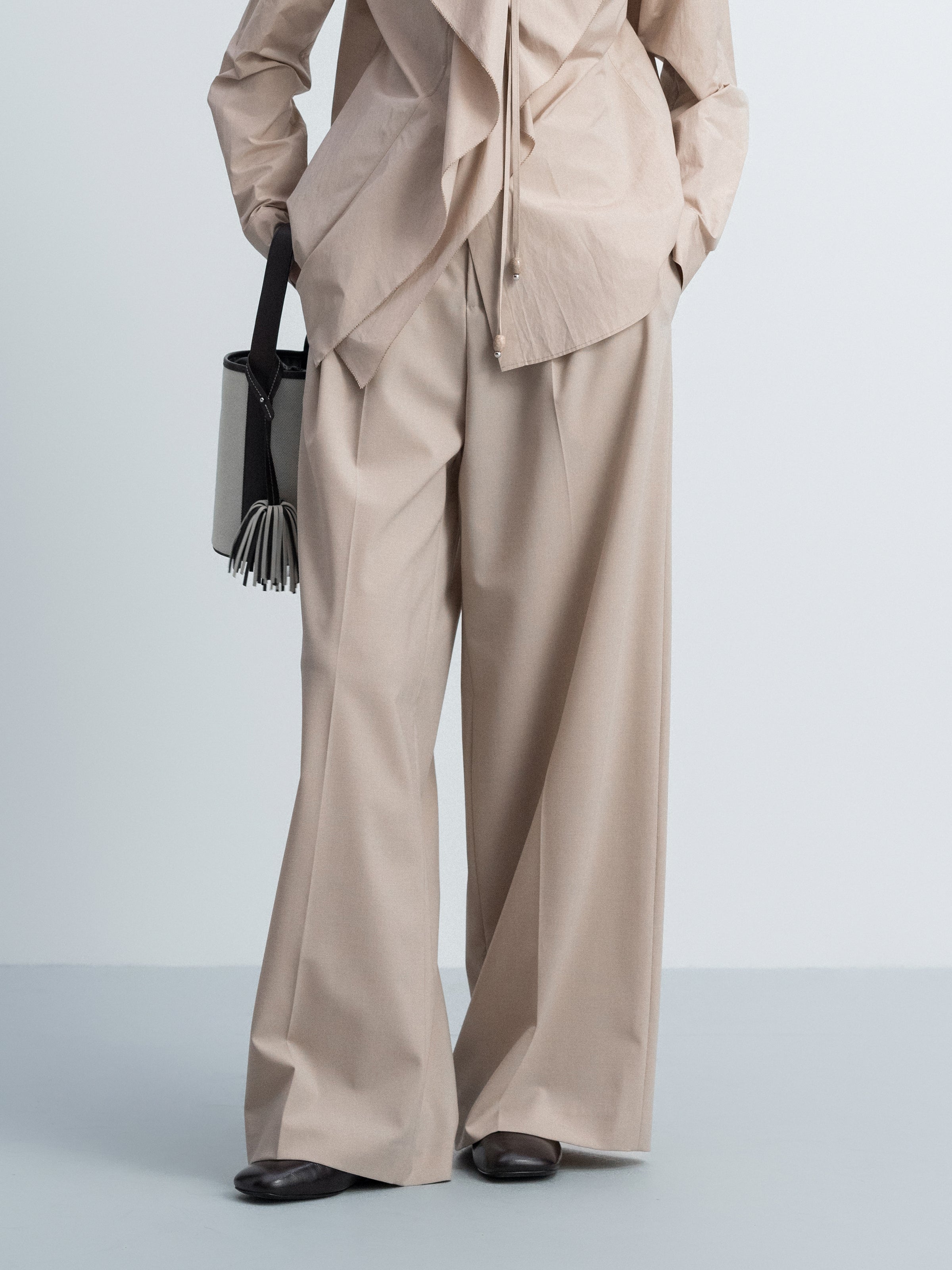 Light Khaki Worsted Wool Double Pleat Wide-Leg Trousers