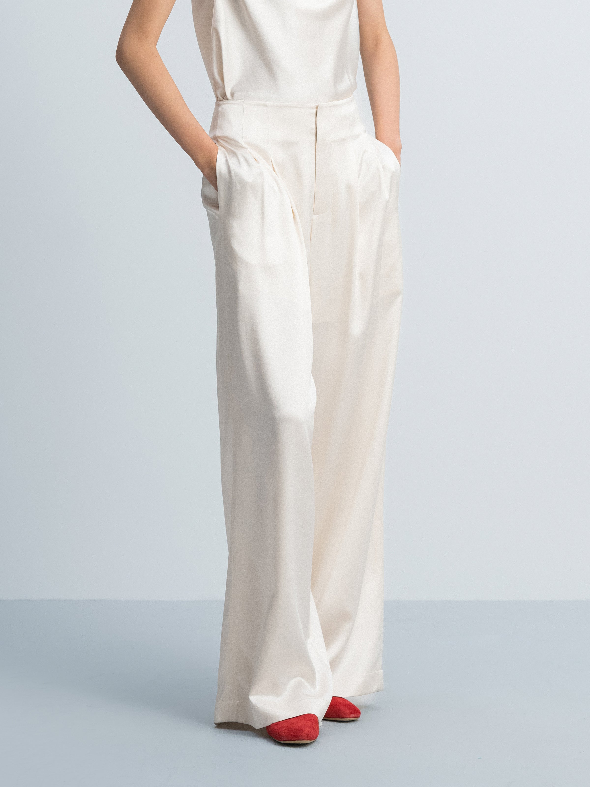 Beige Yellow Mulberry Silk Satin Double Pleat Wide-Leg Trousers