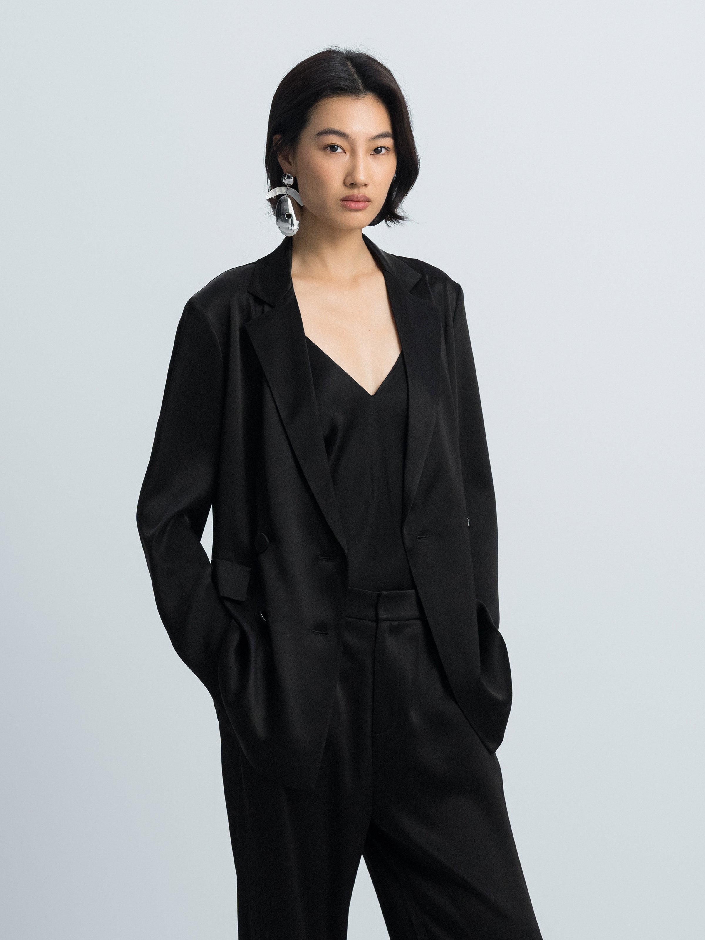 Black Triacetate Satin Classic Straight Blazer