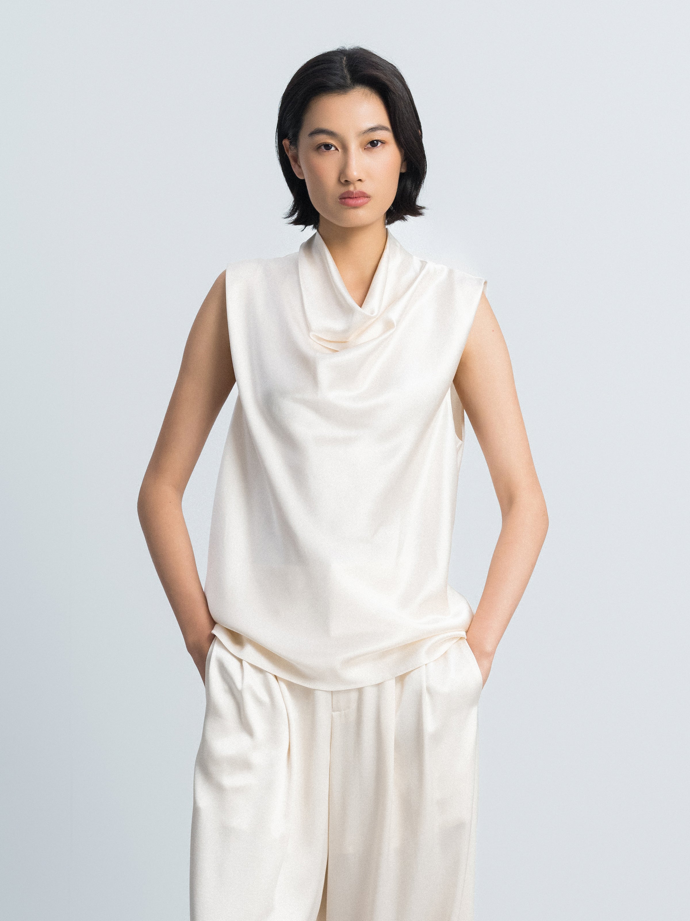 Beige Yellow Mulberry Silk Satin Draped Neck Sleeveless Top