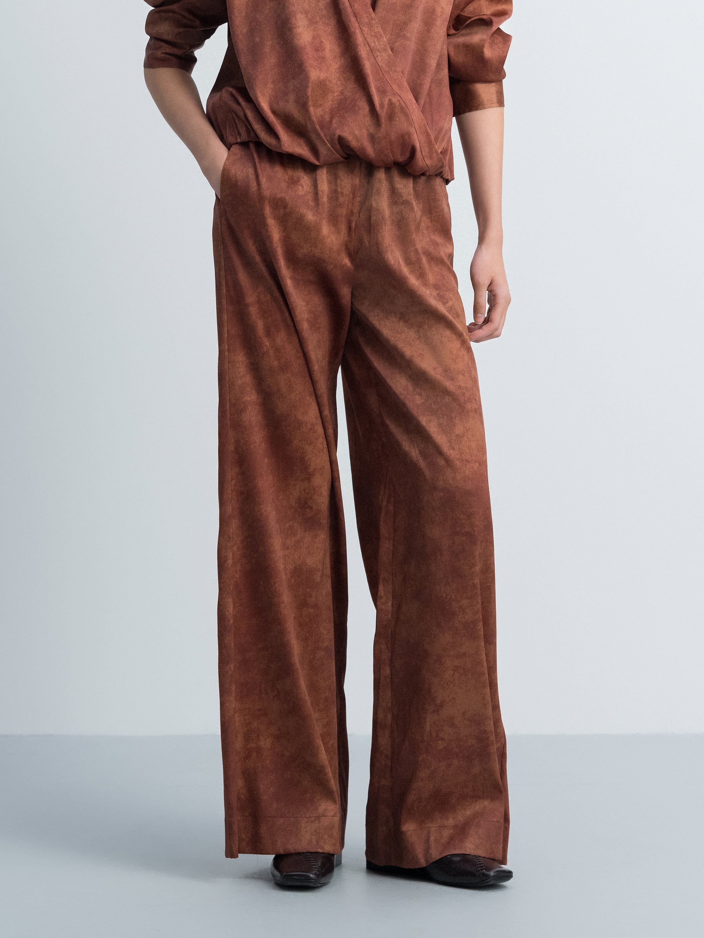 Dark Red Stretch Mulberry Satin Ruched Wide-Leg Trousers