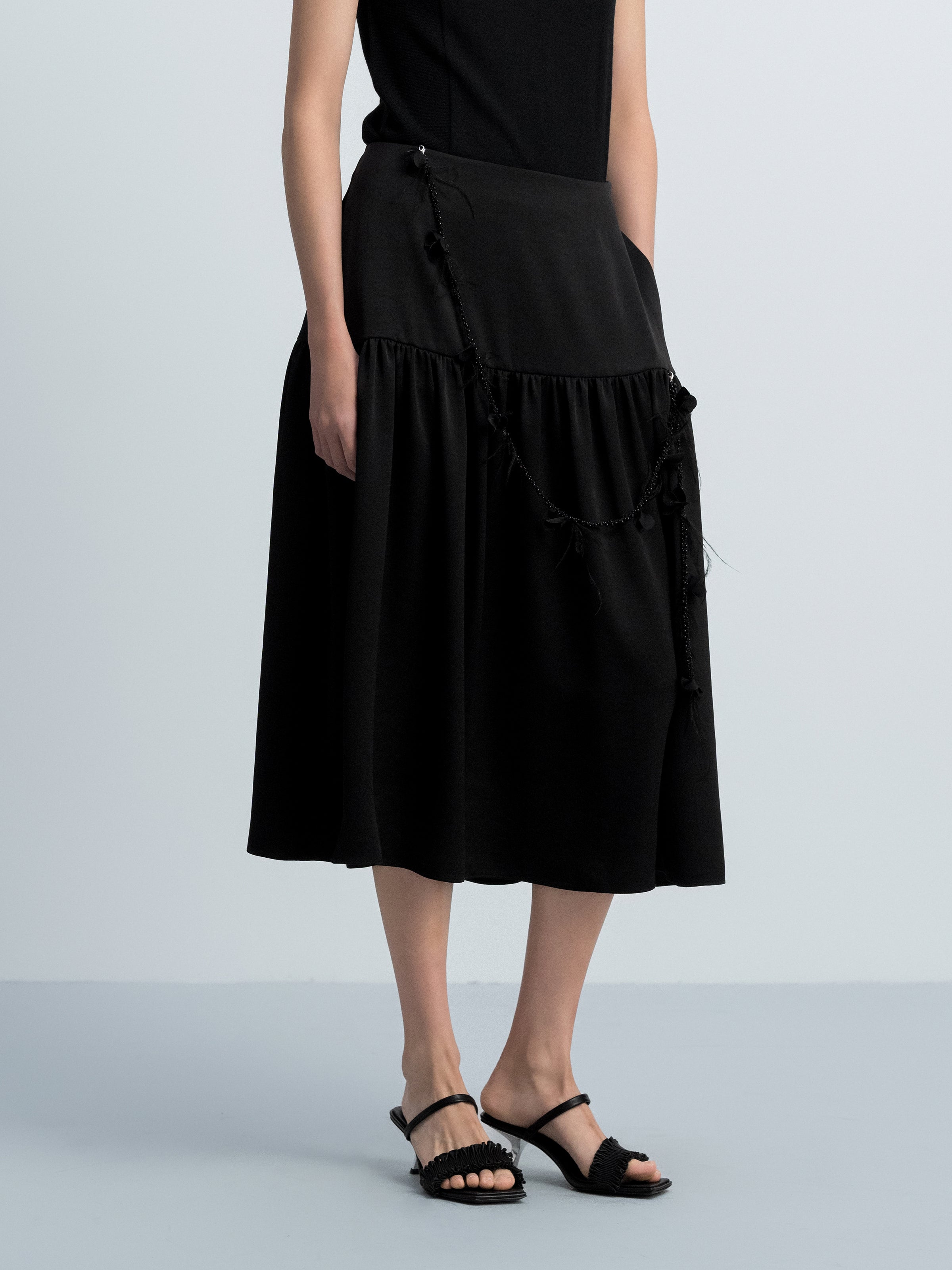 Black Triacetate 3D Pleat Ruched Patchwork Midi Skirt