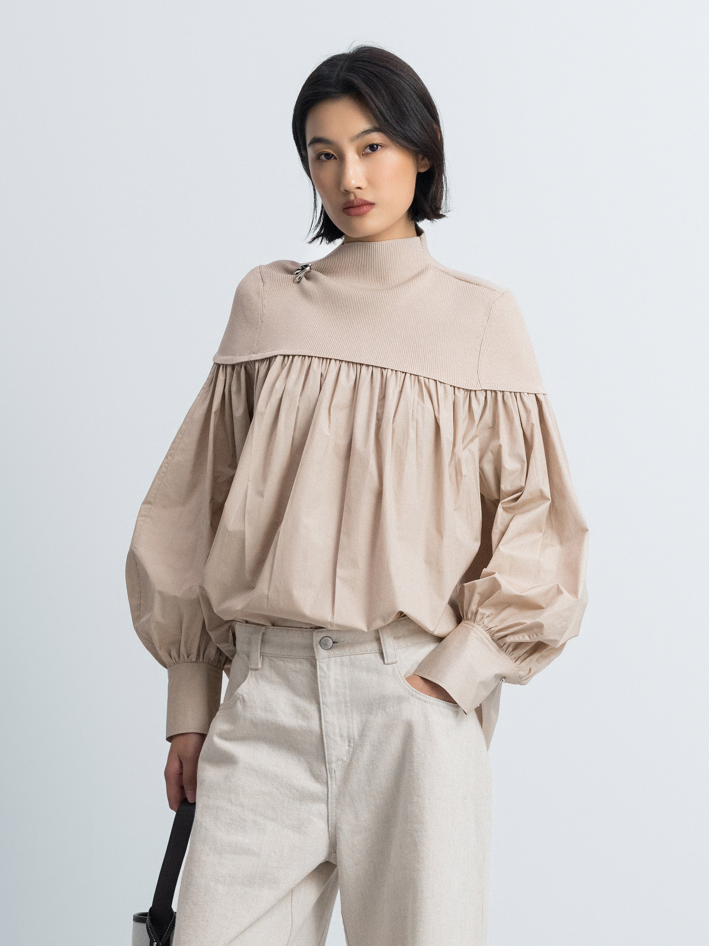 Beige Cotton Poly Viscose Spliced Ruched Long-Sleeve Top