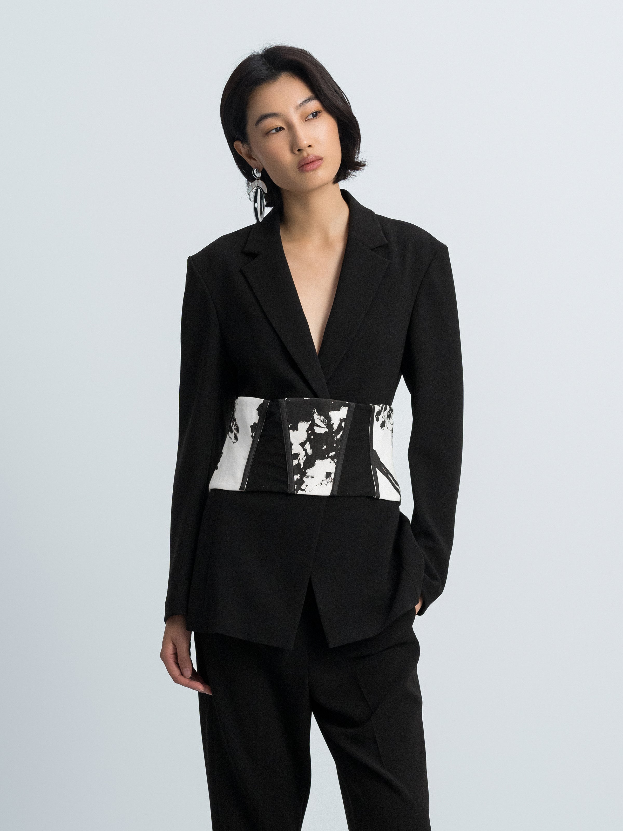 Black Triacetate Polyester Fitted Waist Detachable Belt Blazer