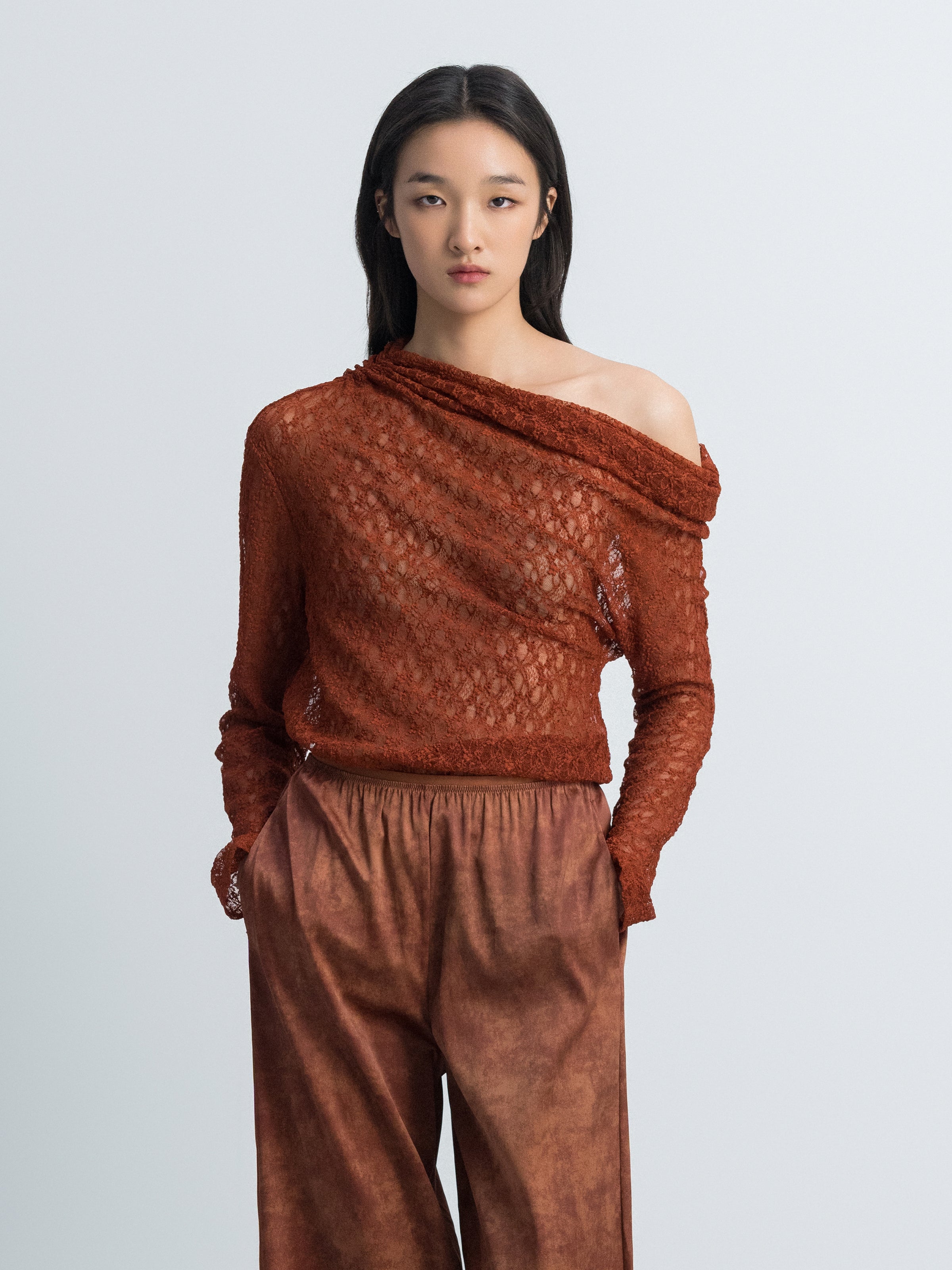 Orange Red Stretch Lace Stacked Neck Fitted Long-Sleeve Top