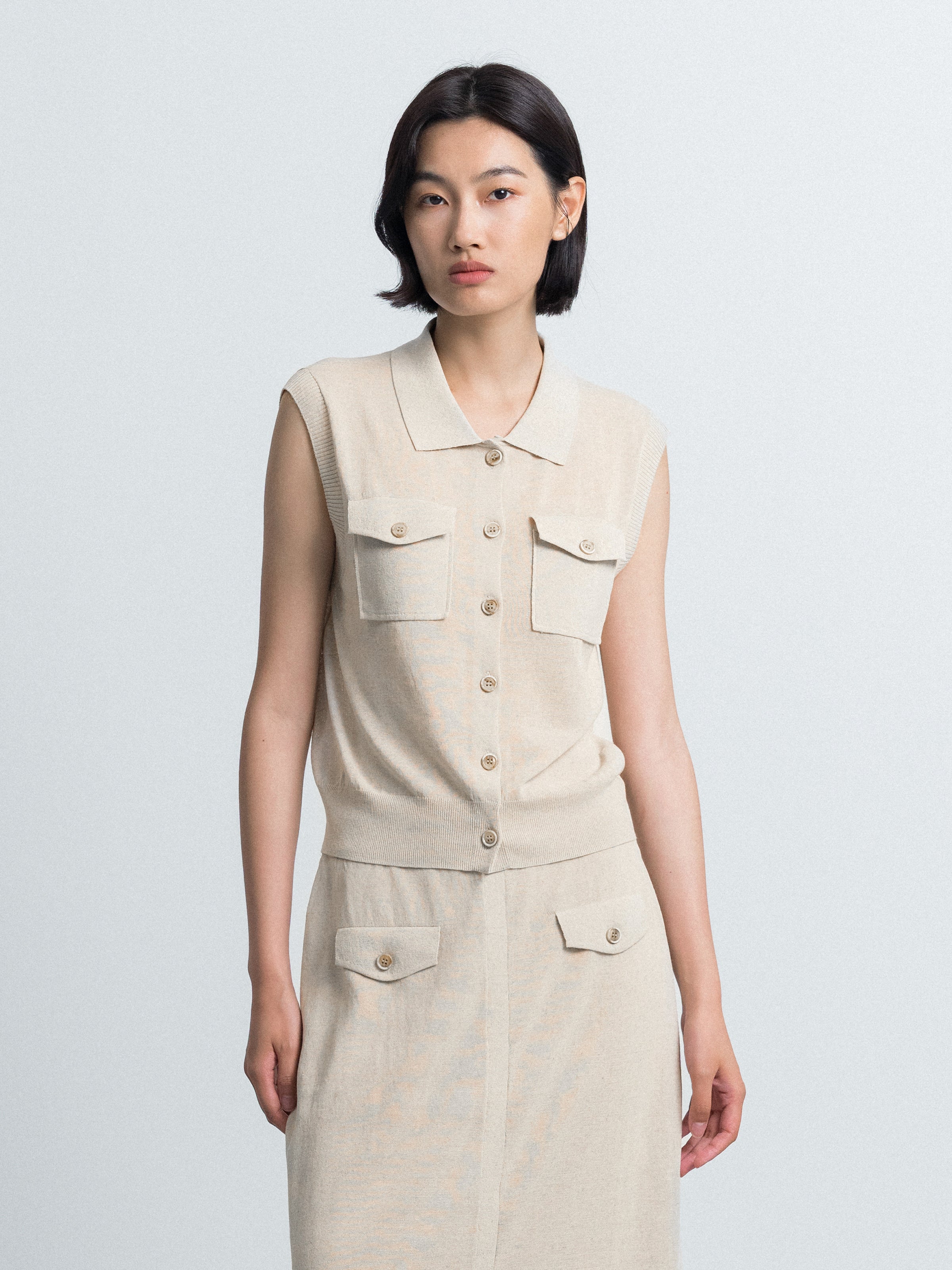 Beige Cotton Linen Knit Fitted Utility Pocket Cardigan