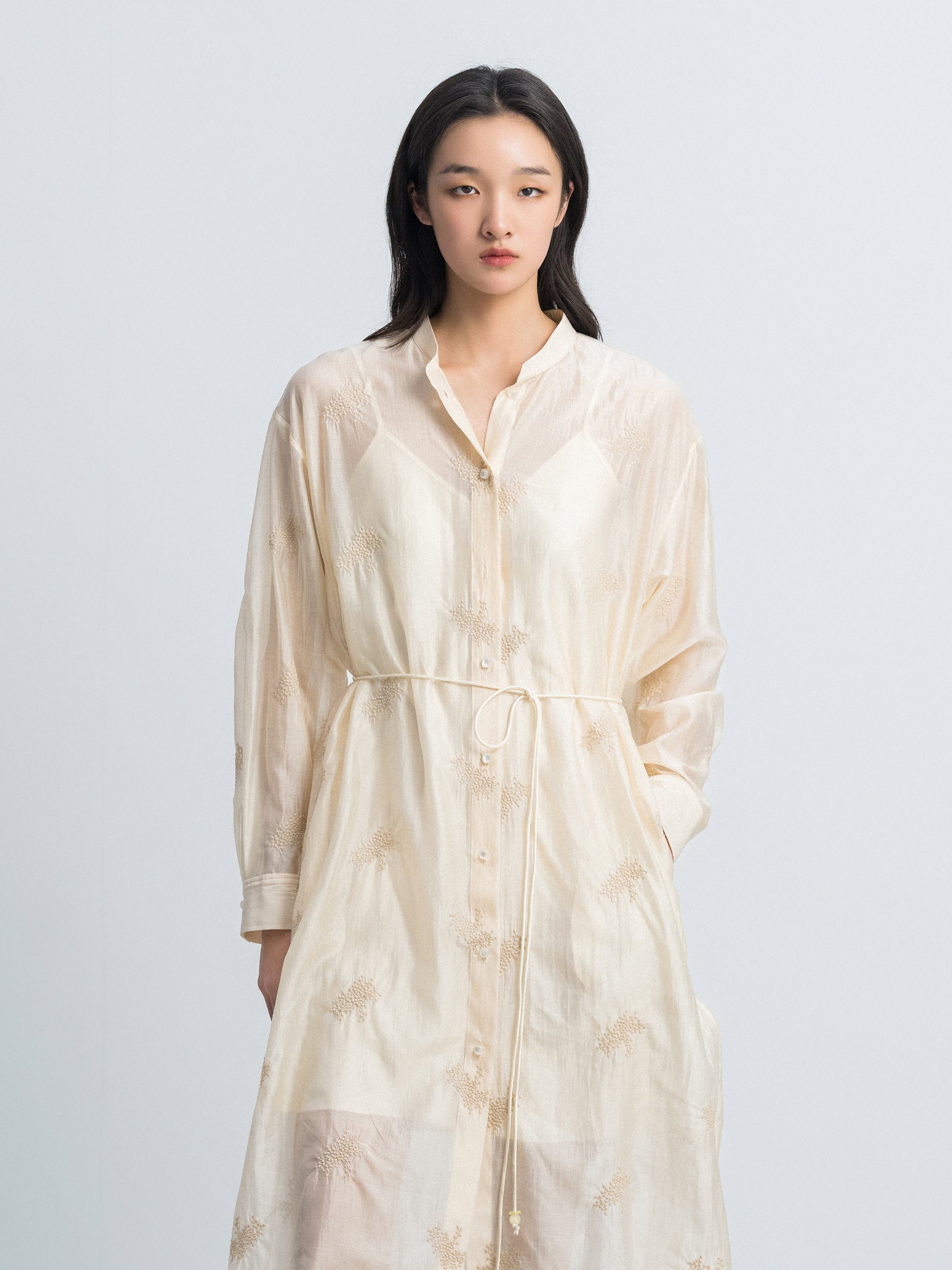 Beige Yellow Lyocell Blend Stand Collar Belt Waist Dress