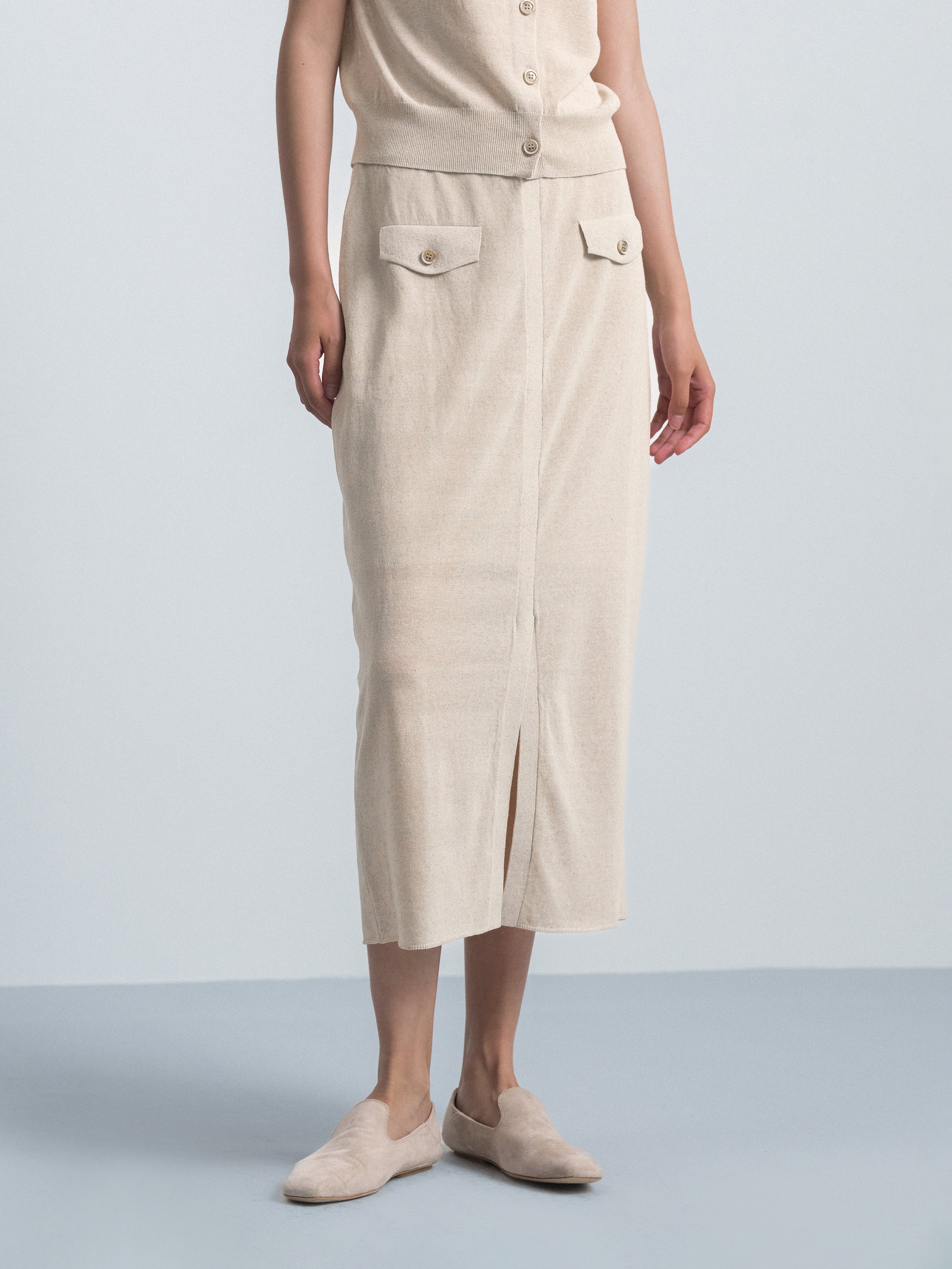 Beige Cotton Linen Knit Straight Patch Pocket Midi Skirt
