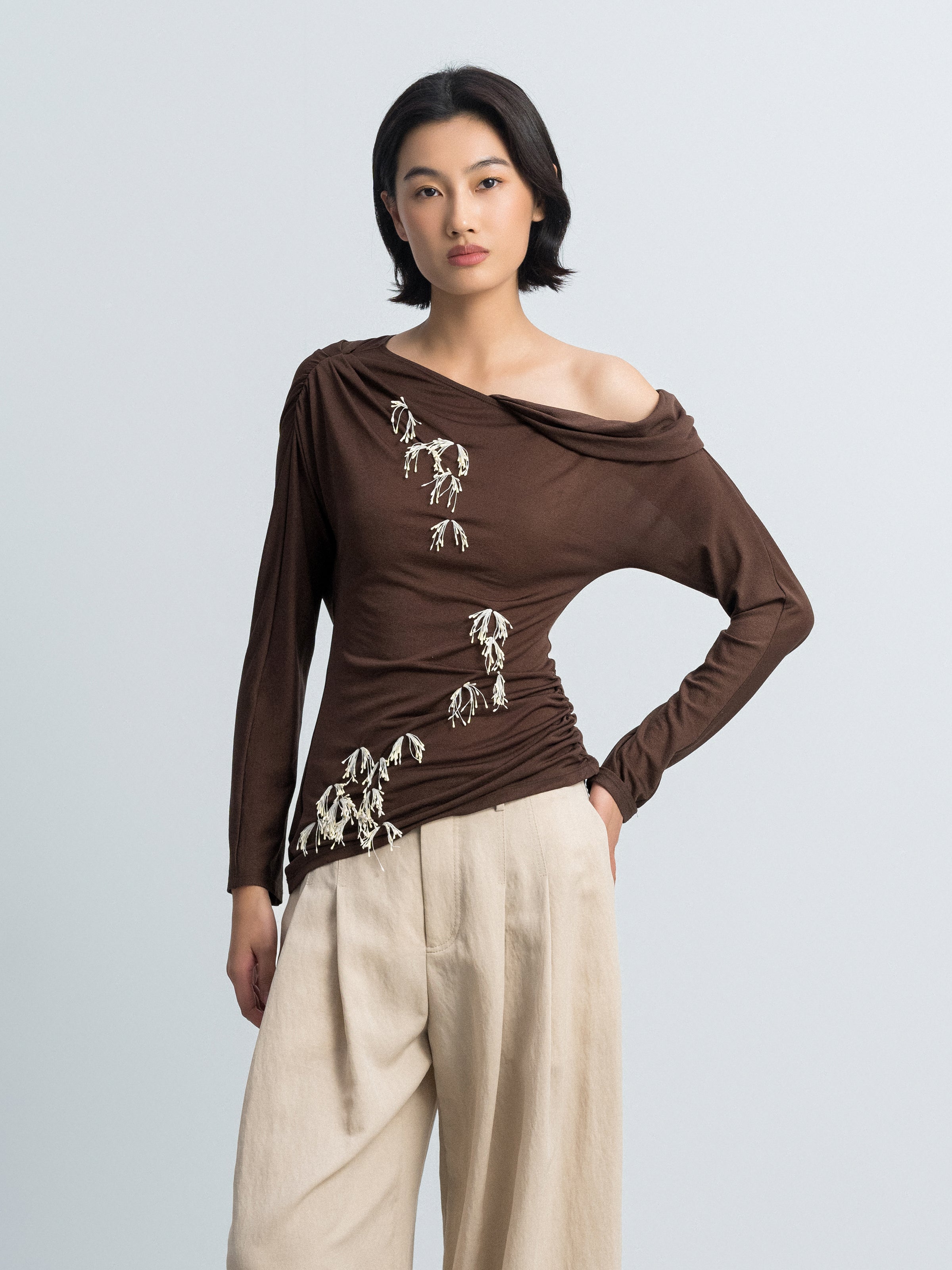Brown Acetate Poly Knit Shoulder Ruching Diagonal Hem Top