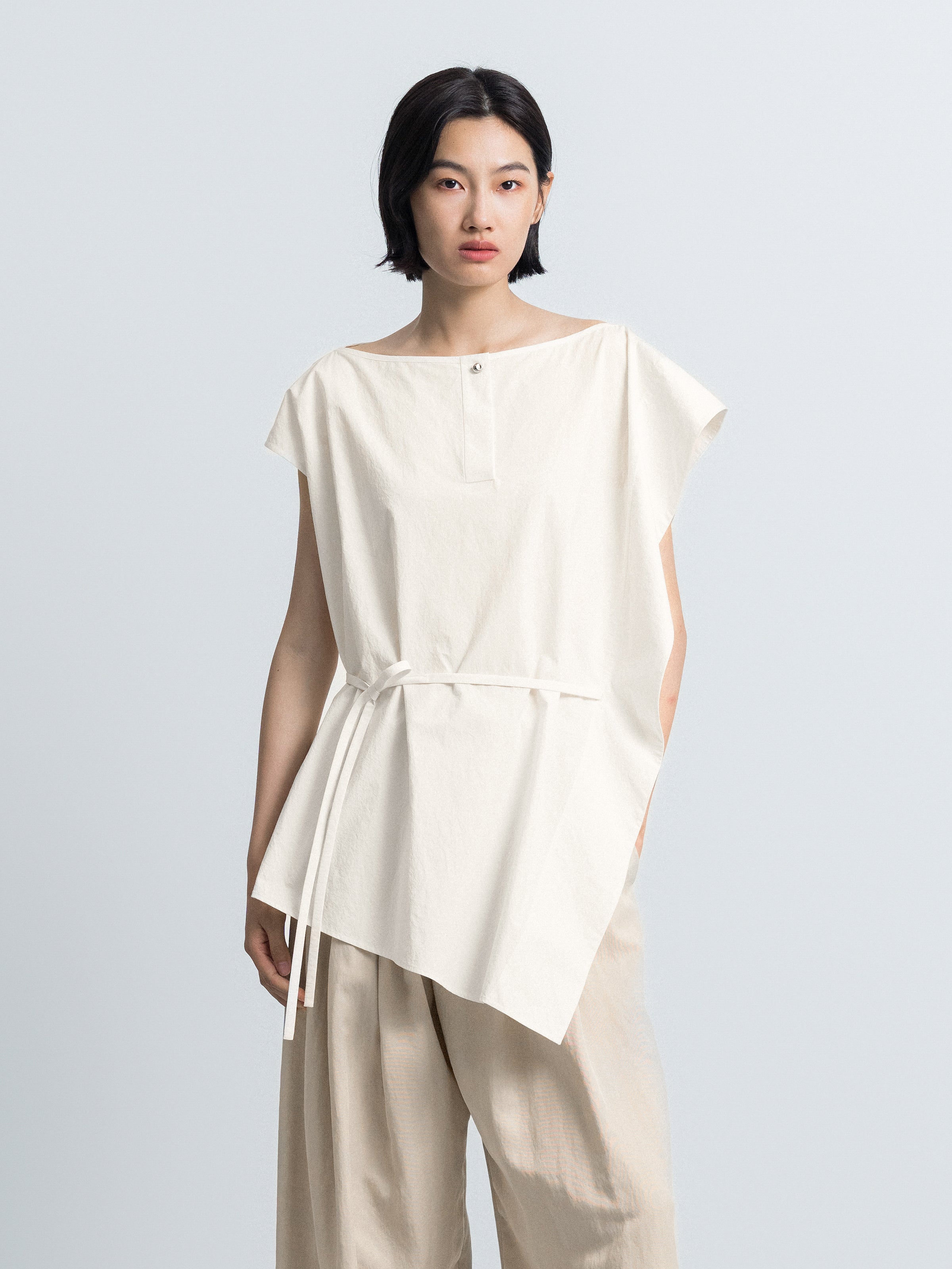 Cream White Pima Cotton Asymmetric Belt Waist Sleeveless Top