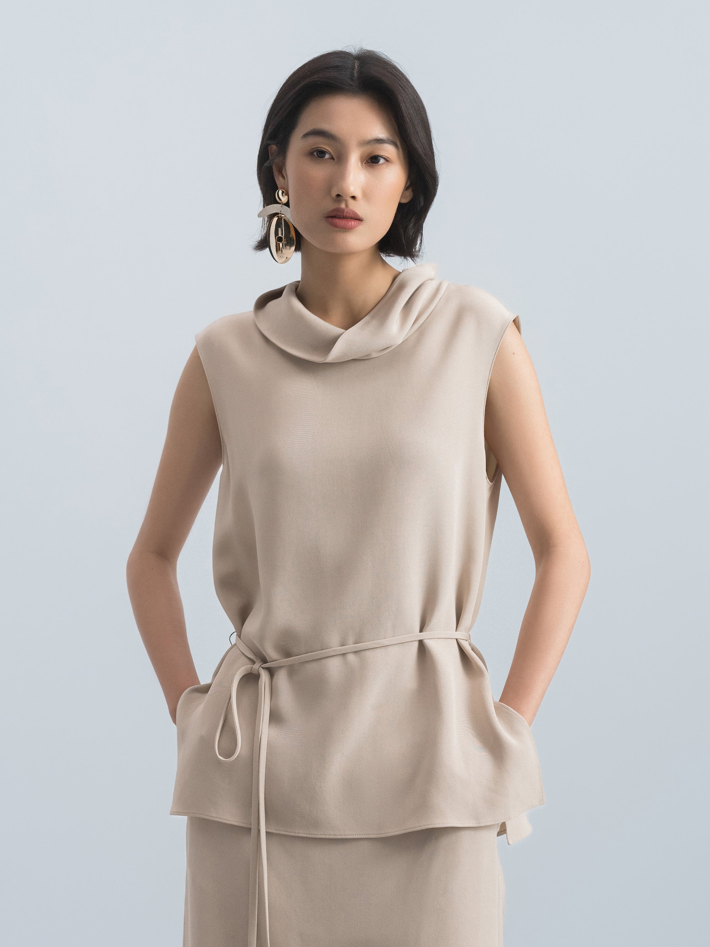 Light Khaki Mulberry Silk Cowl Neck Drawstring Sleeveless Top