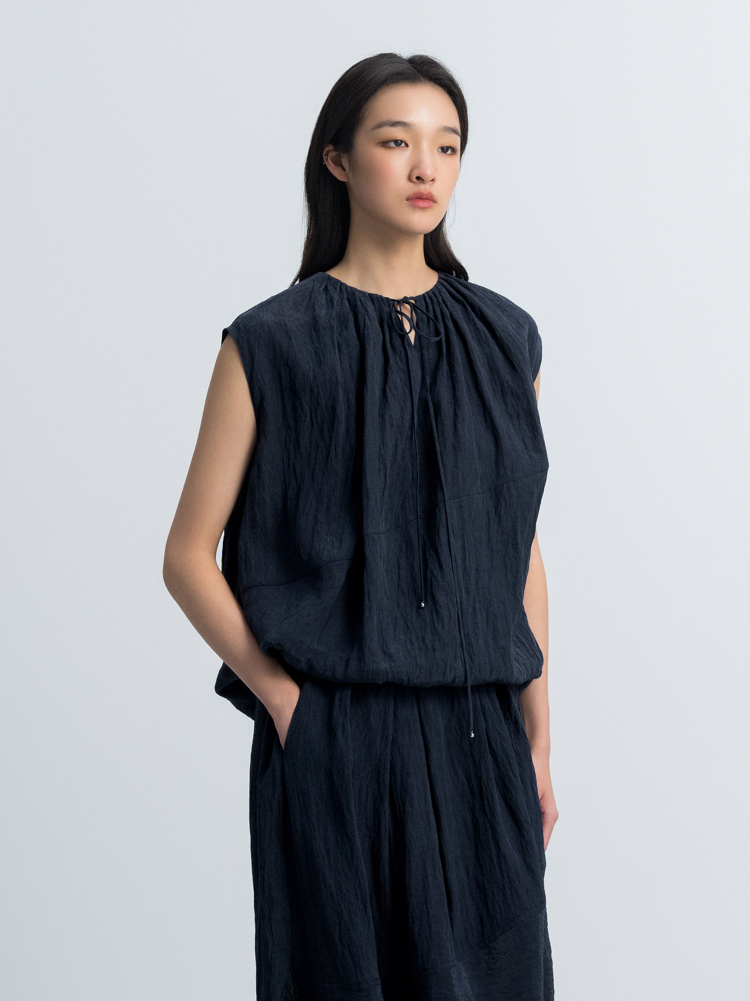 Navy Blue Tencel Snow-Washed Drawstring Cocoon Sleeveless Top