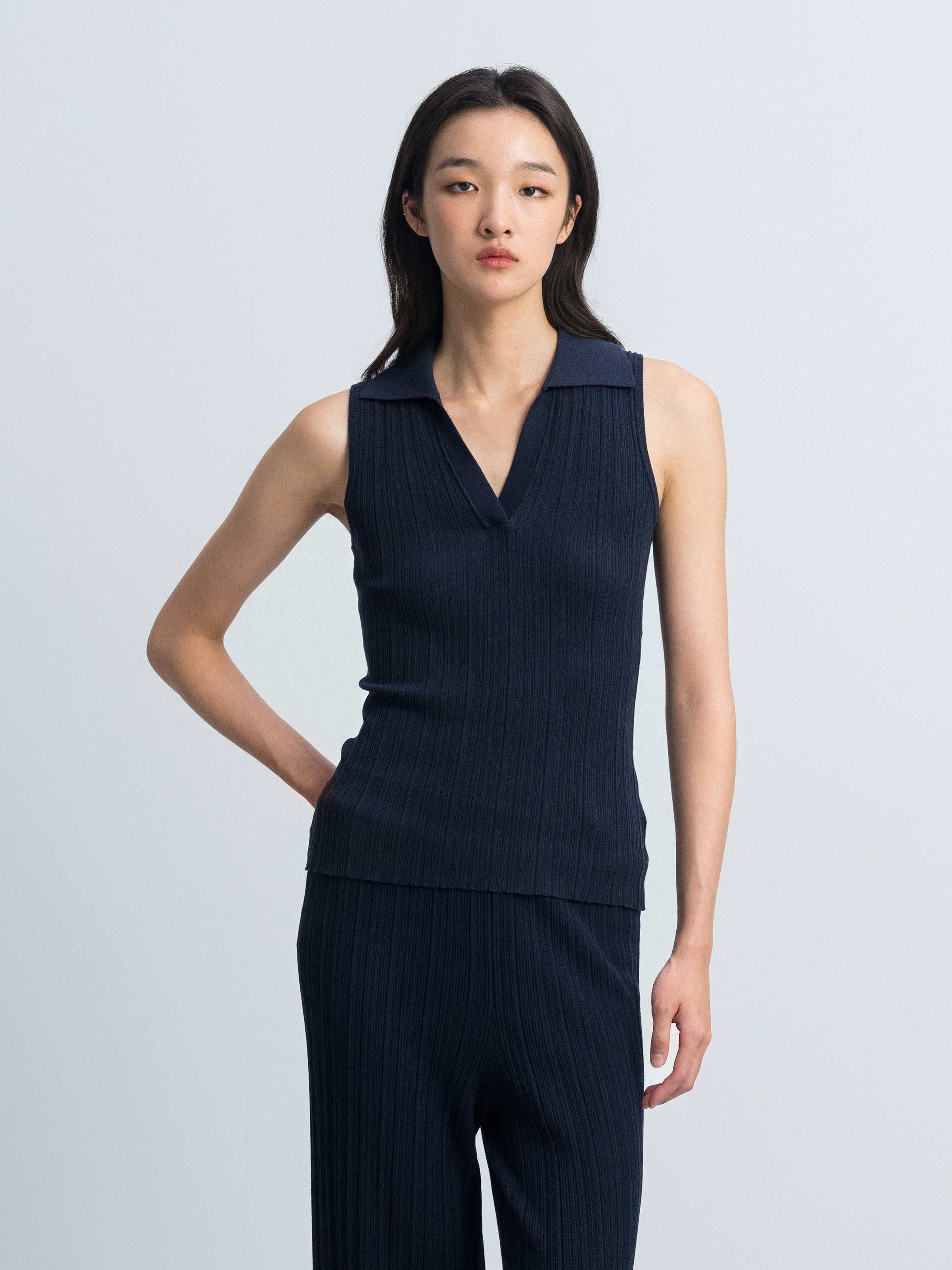 Navy Blue Tencel Acetate Vertical Rib Fitted Slim Sweater